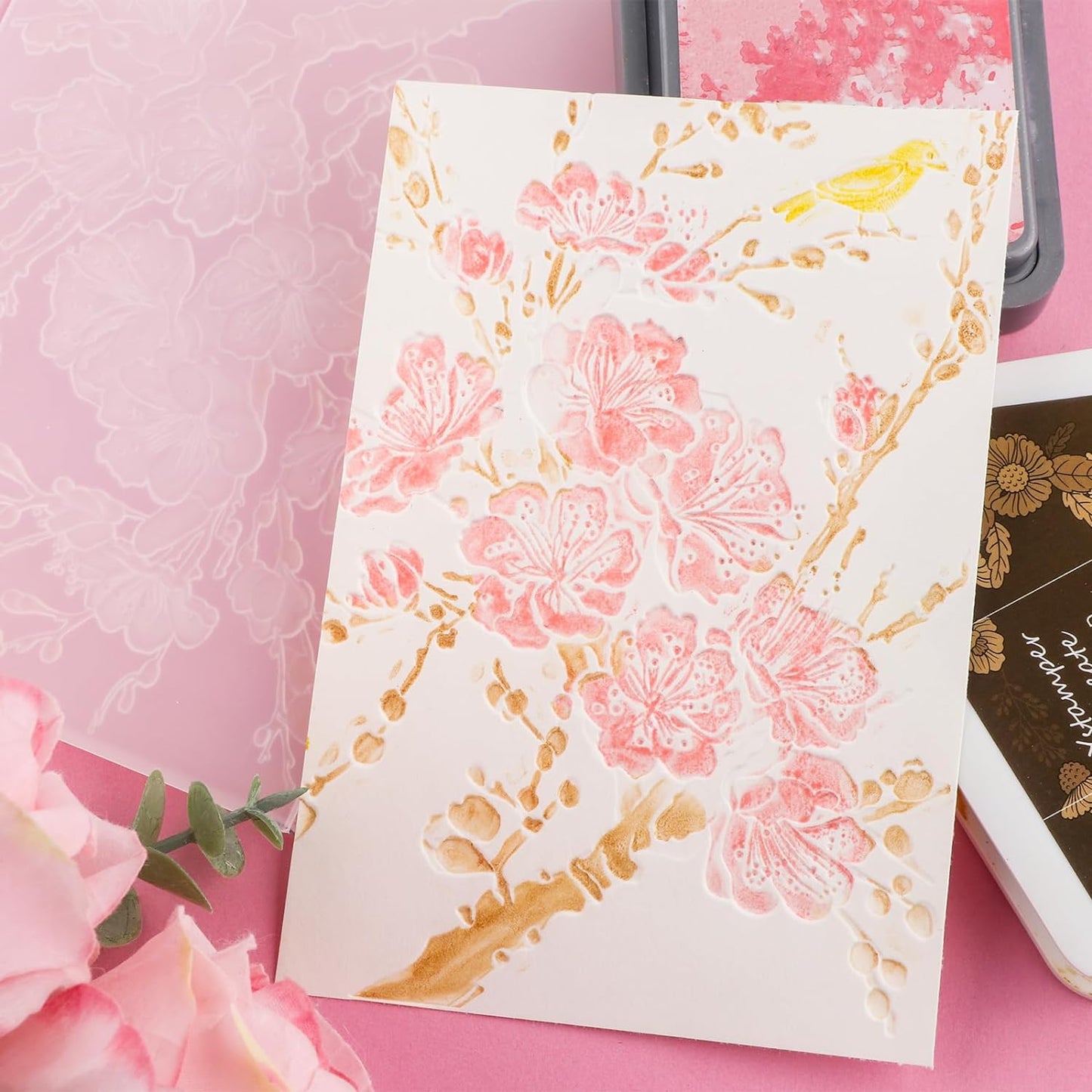BAOFALI 3D Cherry Plum Blossom Embossing Folders for Card Making,Plastic Texture Fades Embossing Template Paper Card Embossing Stencil for DIY Scrapbooking Photo Album Card Paper Craft Decoration
