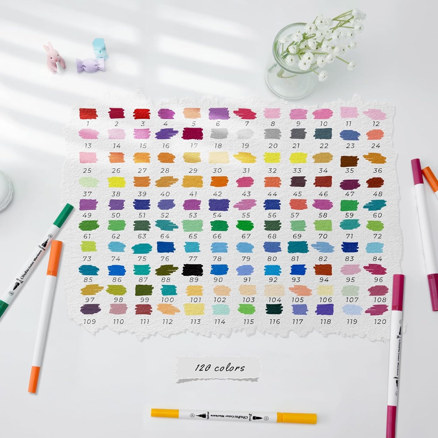 Ohuhu Markers for Adult Coloring Books No Bleeding 120 Colors Coloring Markers Water-based Dual Tips Fineliner & Brush Drawing Pens Art Pens for Kids Adults Sketch Journal - Maui - White