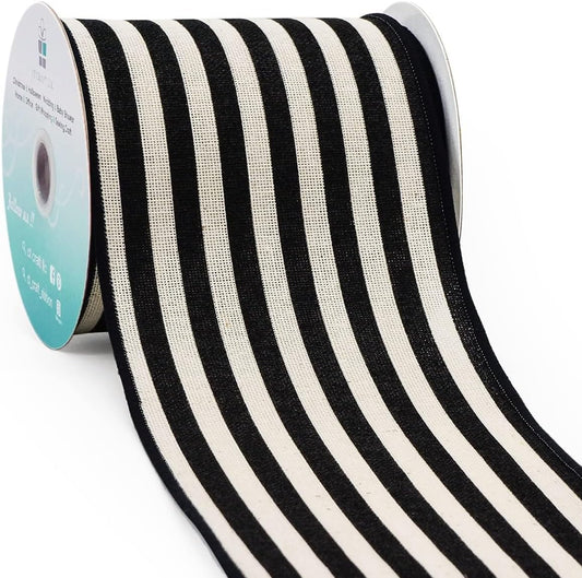 CT CRAFT LLC Striped Canvas Cotton Ribbon 4" x 10 Yards Ivory/Black Stripes for Thanksgiving Christmas Home Décor Gift Wrapping Outdoor Tree Topper Bow Wreath