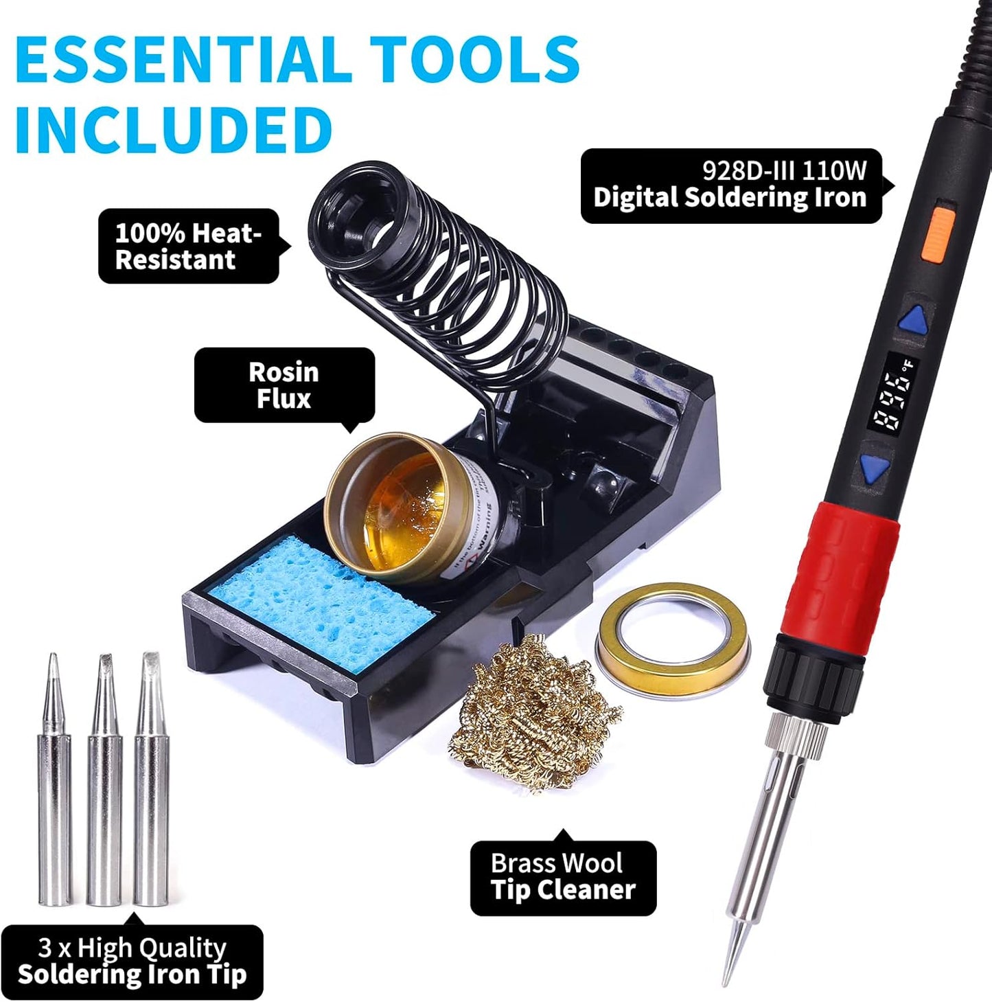 YIHUA 928D-III Soldering Iron,110W High Power, Fully Digital Display °F /°C- Temperature Control Soldering Tool, Accurate 194~896°F, with ON/OFF Switch, Iron Tip, Brass Wool, Automatic Sleep Mode