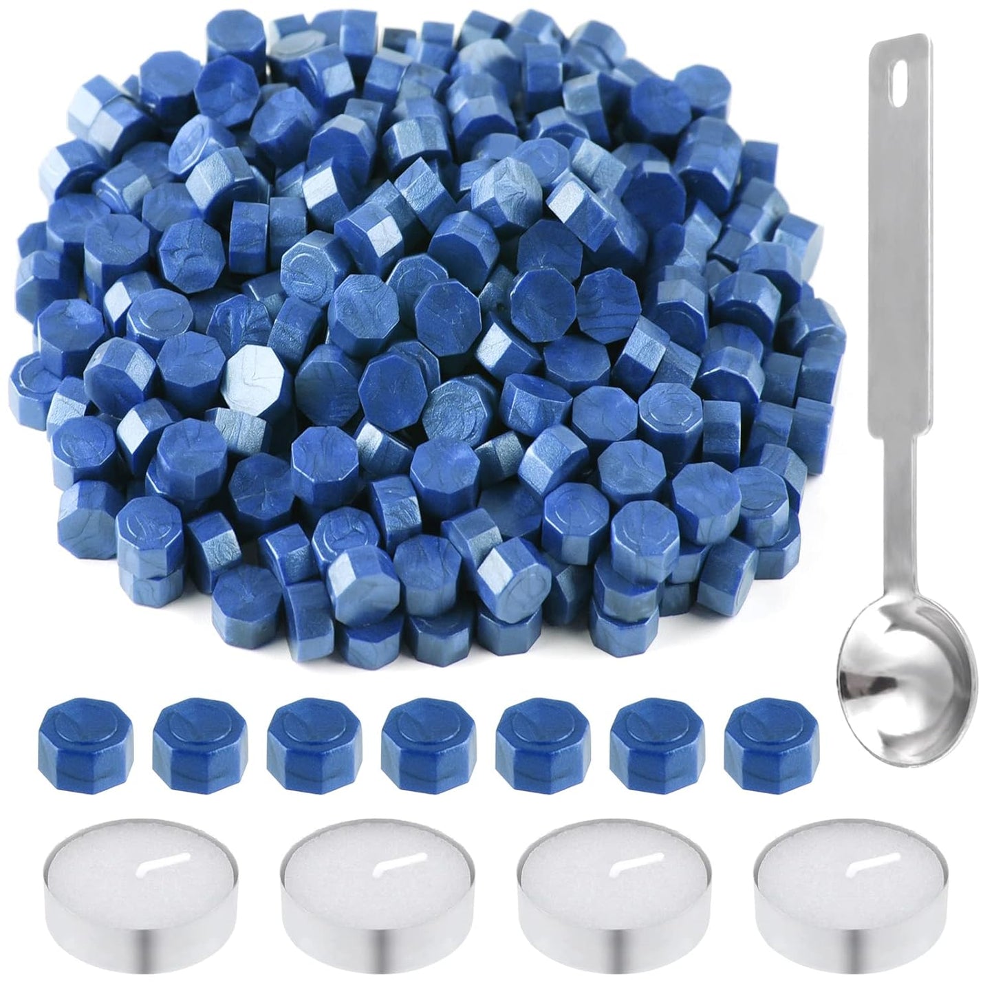 500 Pcs Sky Blue Octagon Wax Seal Beads Kit with 4 Pcs Tea Candles 1 Pc Melting Spoon for DIY Crafts Letters Wedding Wine Bottle Sealing