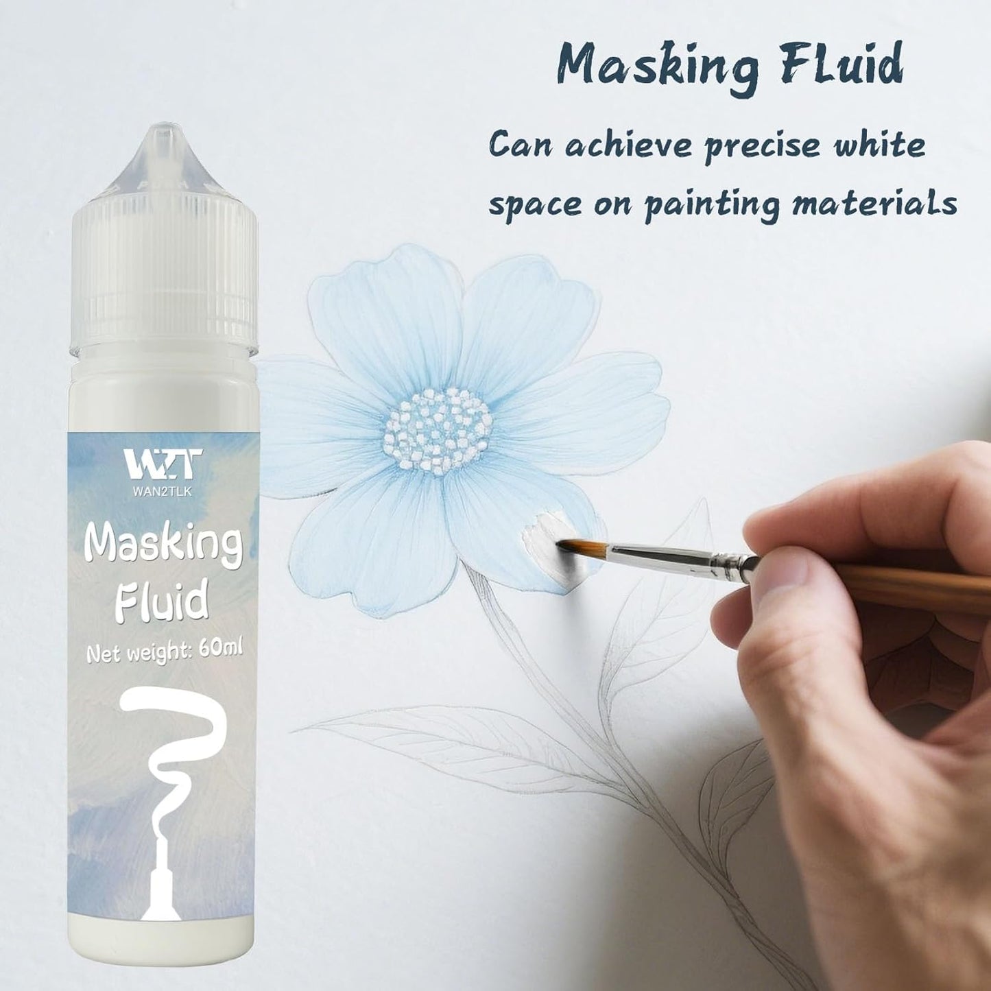 Masking Fluid for Watercolor Painting - 60ml White with a Paintbrush and Eraser - Art Masking Fluid Pen Watercolor Medium Art Supplies for Artists