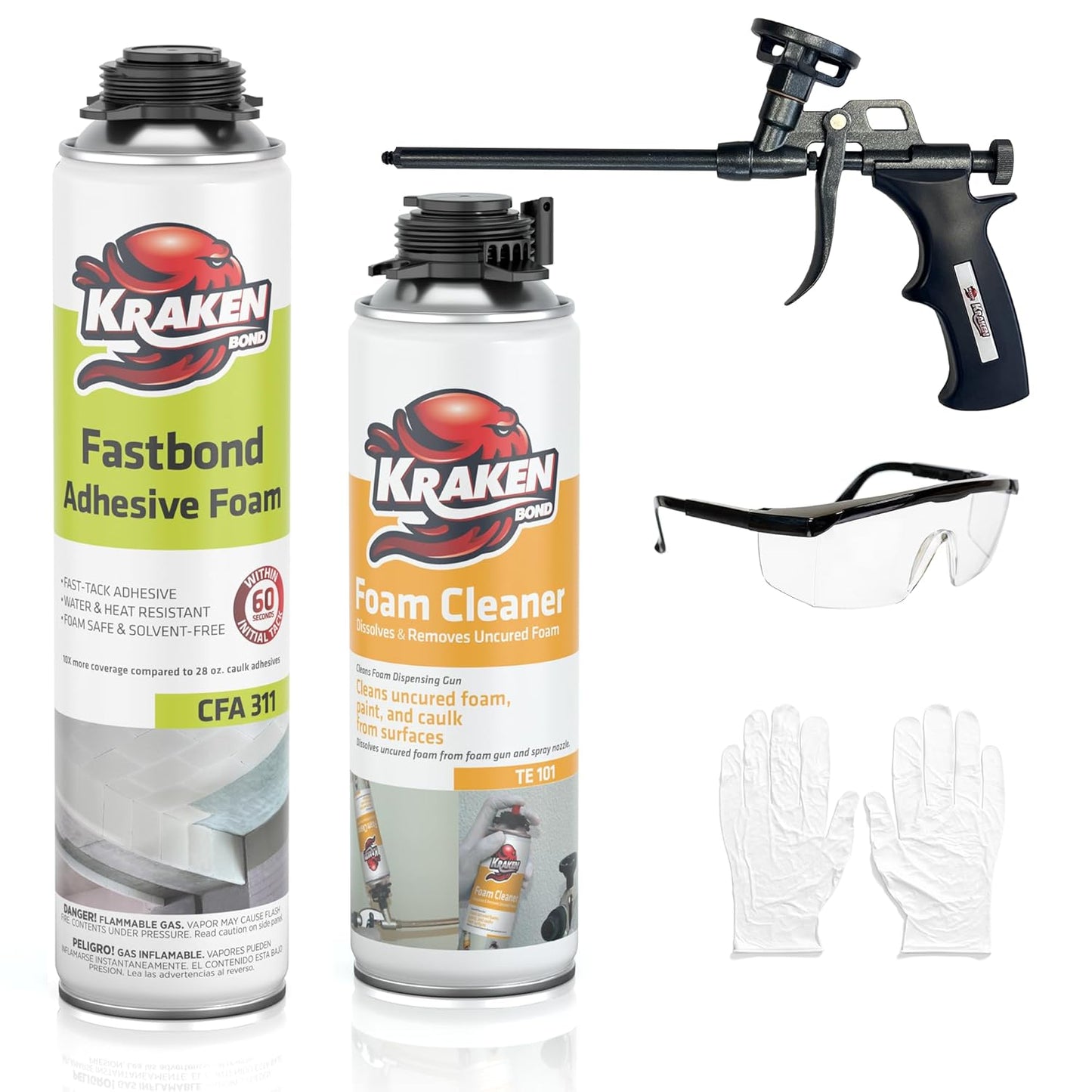 Kraken Bond Fastbond Spray Foam Adhesive (1x24oz.) - Heavy Duty Construction Adhesive for Insulation, Wall & Facade, Concrete, Stone, Subfloor, XPS & EPS Foam Board, Gun&Cleaner Included | 1 Pack
