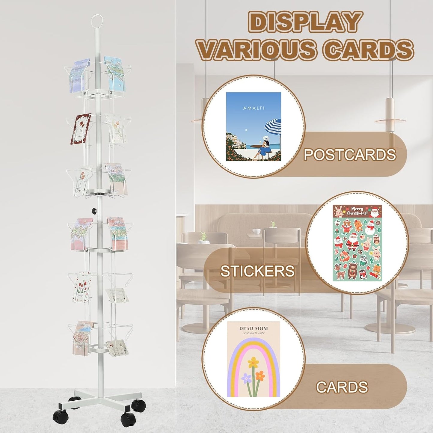 PATIKIL 6 Tier Rotating Greeting Card Rack, Metal Spinning Greeting Card Display Stand Portable Postcard Rack Holder Organizer for Postcard Sticker Photo Desk Book Stamp, White