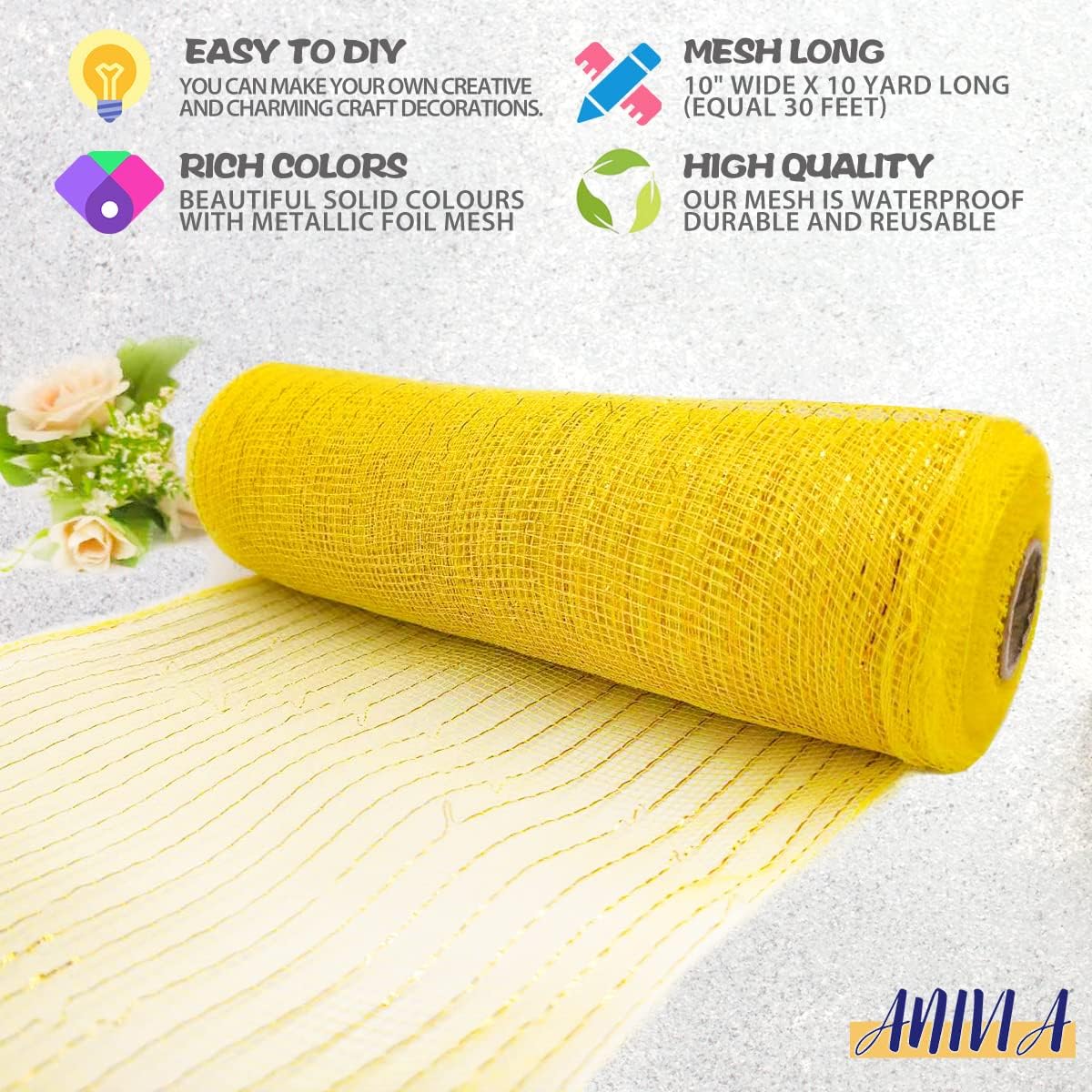 Anivia Deco Mesh Ribbon, 10inch x 30 Feet Each Roll Metallic Foil Mesh Ribbon for Wreaths Swags, Holloween, and Christmas Tree Decoration (Yellow/Yellow Foil)