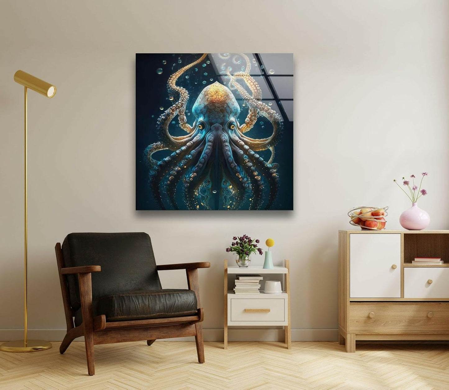 My Photostation.com 24Wx30H'' Underwater Blue Octopus Glass Wall Art Tempered Glass Printing Wall Decor Large Wall Art Wall Hangings