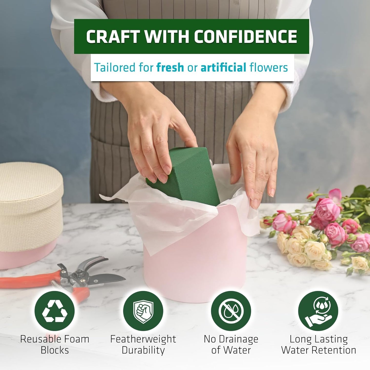 3 PCS Wet Floral Foam Blocks for Fresh Flowers, Each (5.5"L x 3.1"W x 1.7"H) Green Foam for Flower Arrangements, Florist Bricks for Weddings, Birthday Gifts, Crafts and Garden Decorations