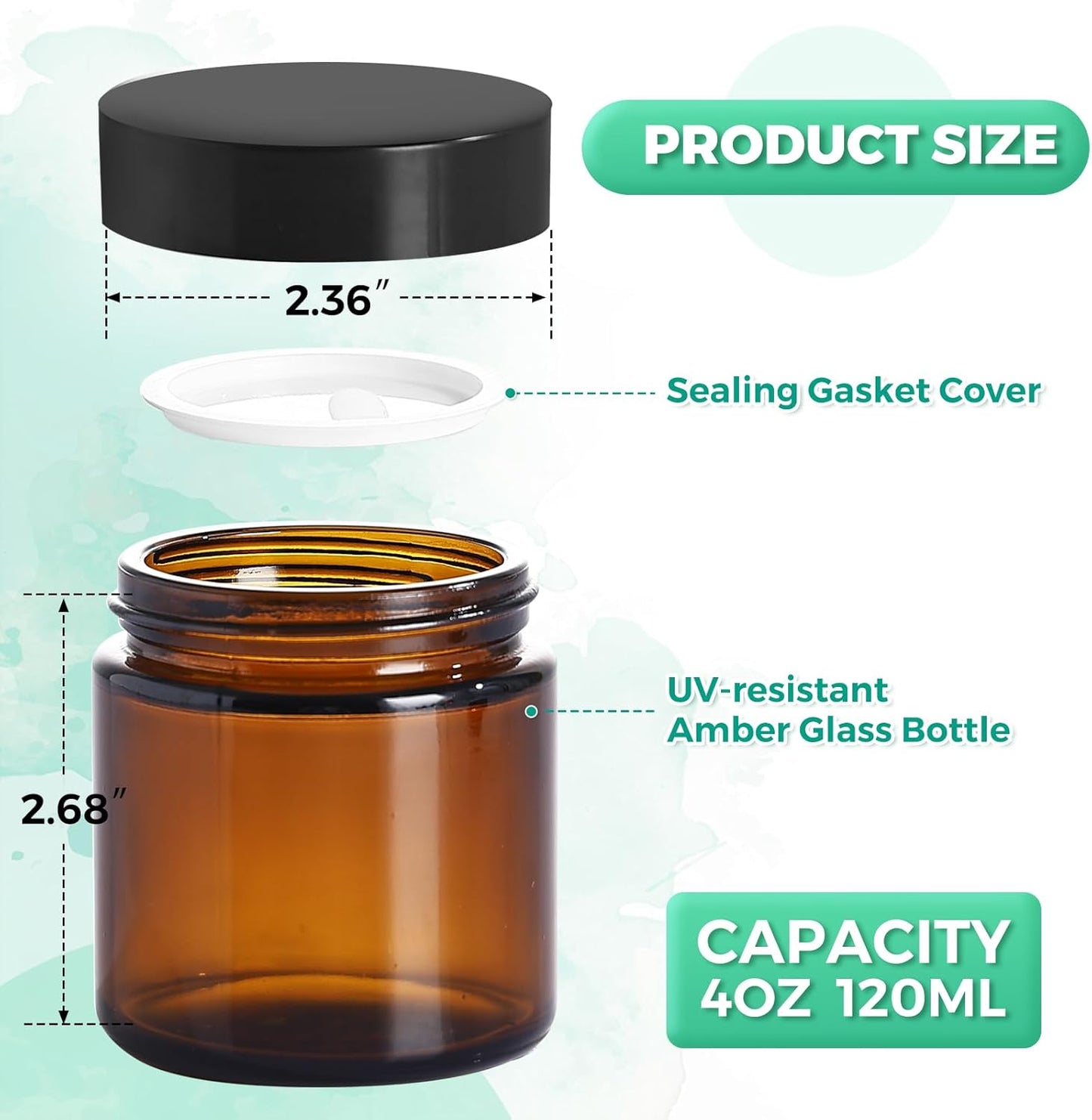 4OZ Amber Glass Jars with lids, 36 Pack Empty Cosmetic Jars, Refillable Airtight Wide Mouth Container for DIY, Sample, Cream, Lotion, Candle Making, Powder, Cosmetic
