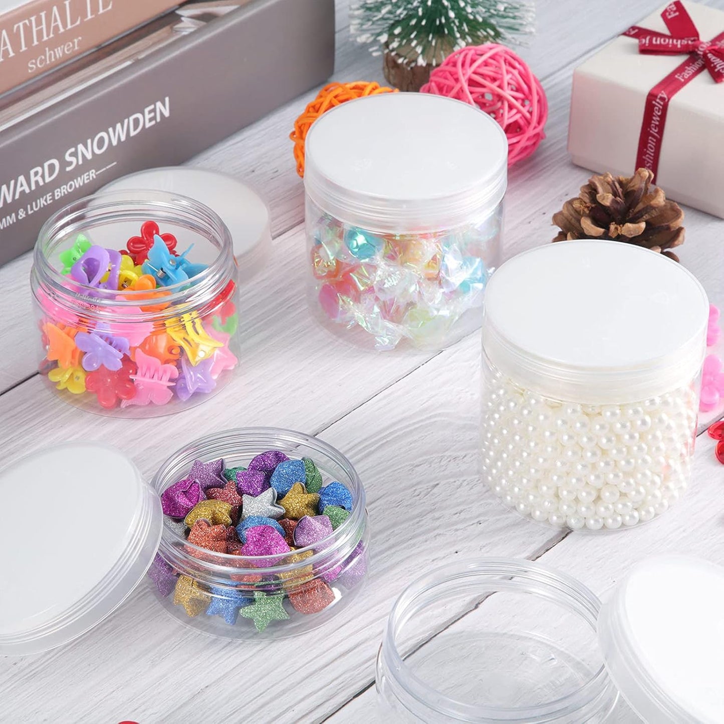 12 Pack 3 oz Plastic Container Jars with Lids Round Clear Travel Cosmetic Container Jars for Toiletries, Lotion, Cream, Ointments, Makeup, Rhinestone, Samples, Kitchen Storage (White)