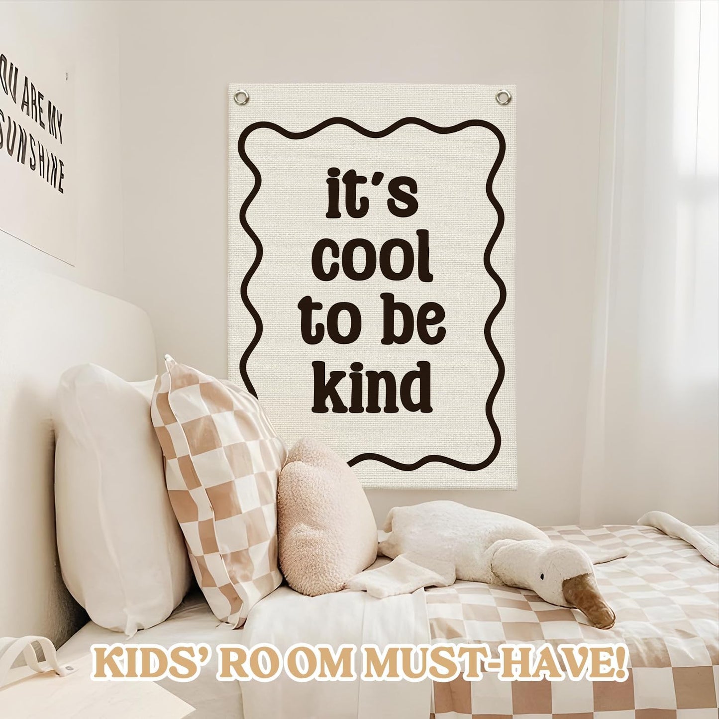Affirmation Wall Decor It's Cool to be Kind Linen Canvas Banner,Nursery Decor Wall Hanging Flag for Bedroom Playroom Classroom Kids Rroom 18x25 Inch