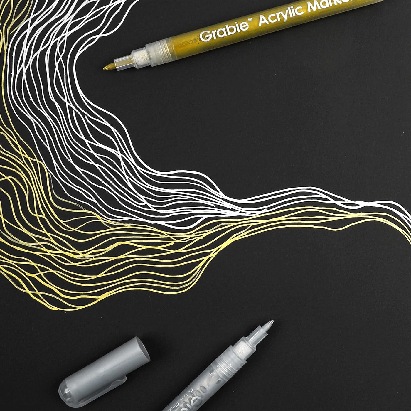 Grabie Gold&Silver Extra Fine Tip Acrylic Paint Marker Set, 6 Pack Gold Paint Markers, 0.7mm Acrylic Paint Pens for Black Paper, Halloween Pumpkin, Christmas DIY, Silver Pen(Gold&Silver)