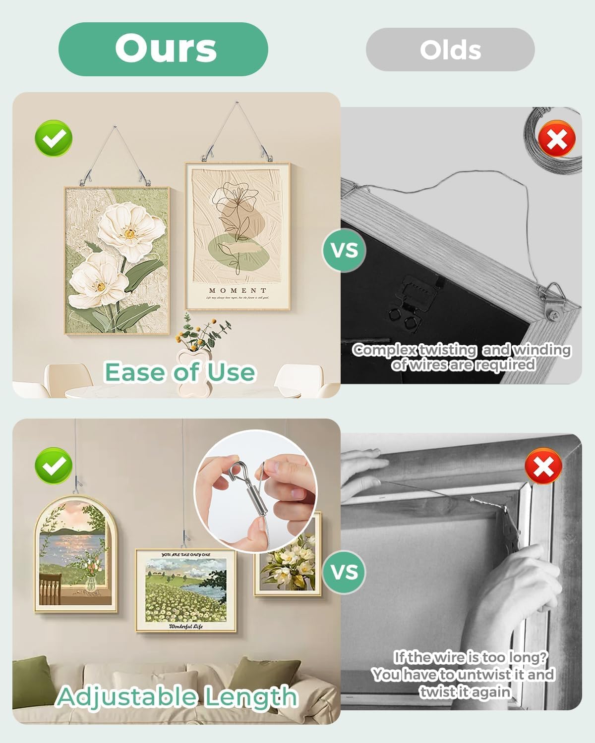 4PCS Adjustable Picture Hanging Wire 2m x 1.5mm Large Hooks, Picture Frame Wire Kit Heavy Duty 100lbs, Stainless Steel for Art, Mirror, Light Lamp, Billboards, Basket Flowerpot