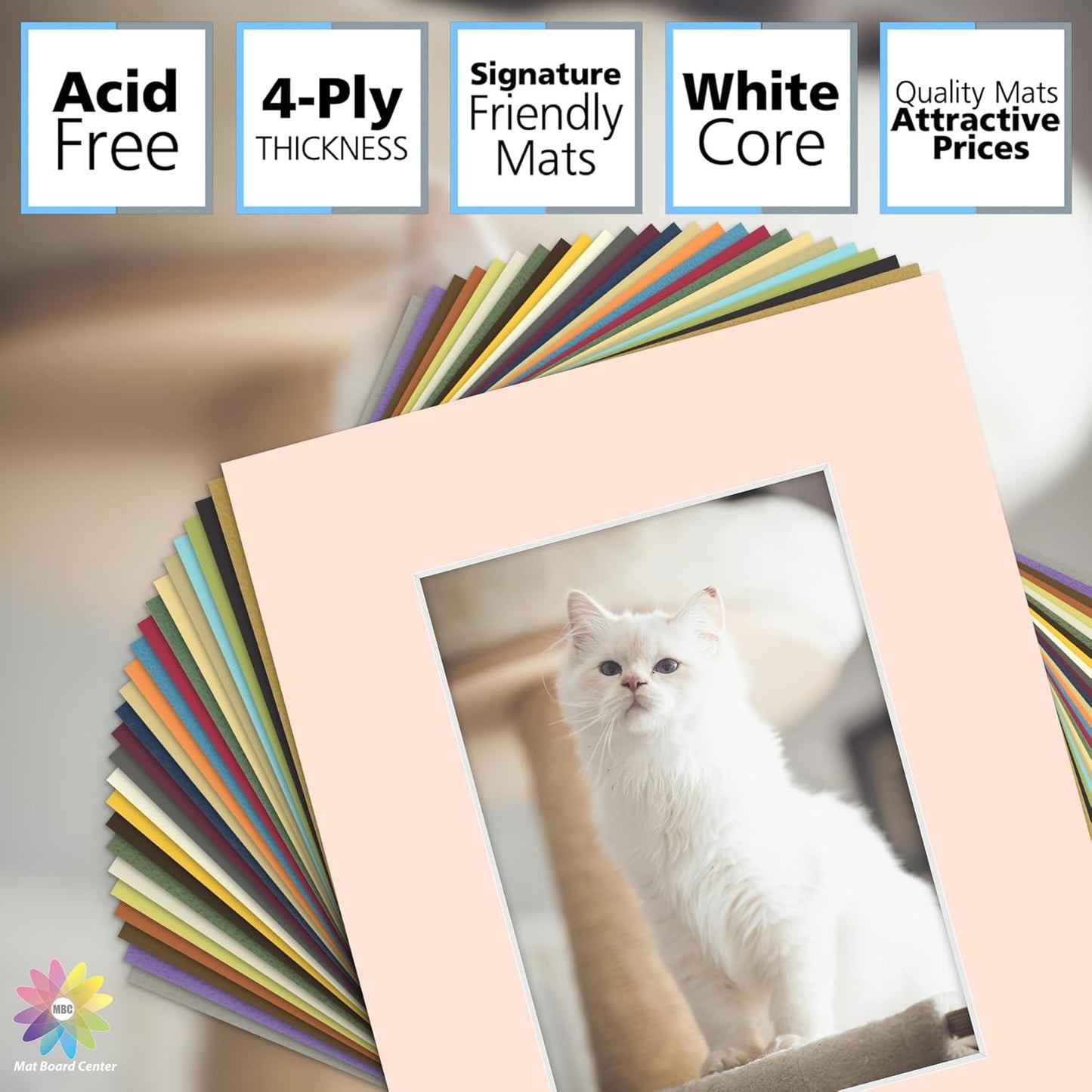 Mat Board Center, Pack of 50, 8x10 for 5x7 Mixed Color Mats - Acid Free, 4-ply Thickness, White Core - for Pictures, Photos, Framing