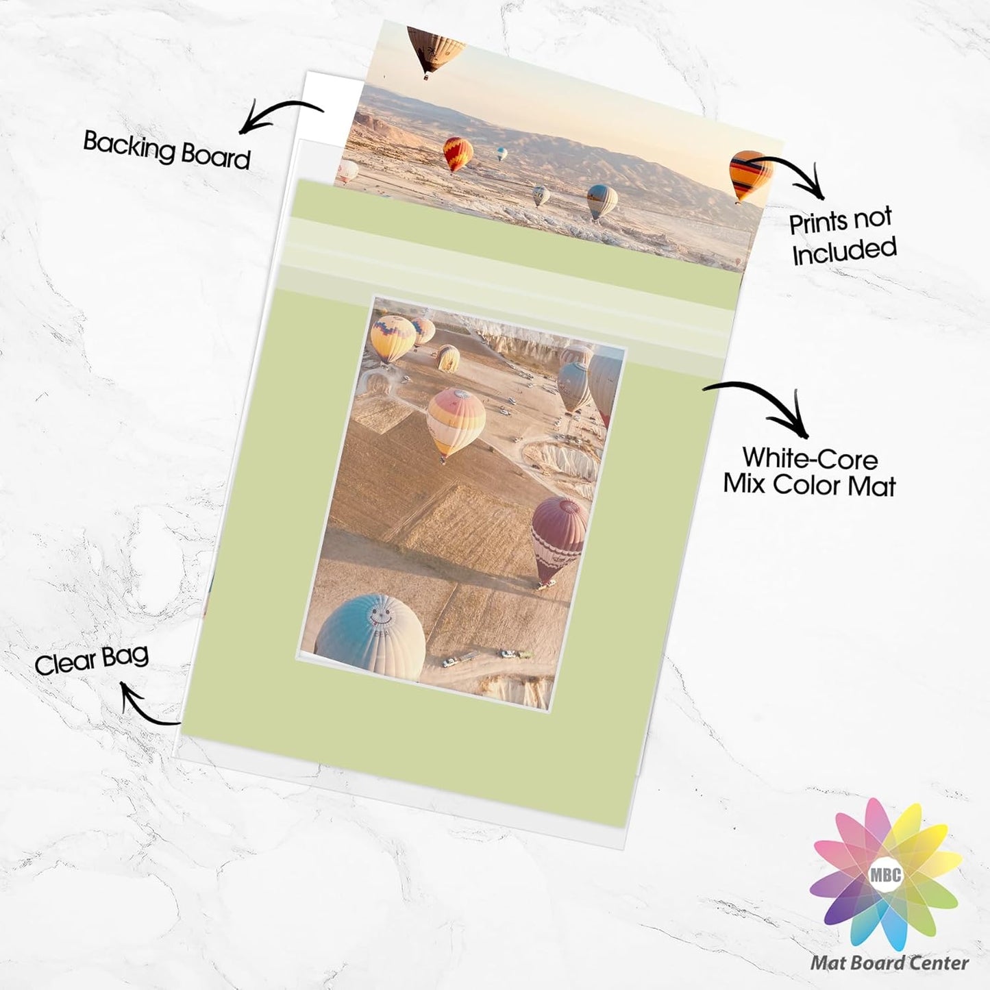 Mat Board Center, Pack of 10, 8x10 for 5x7 Mix Color Picture Mat Sets - Acid Free, 4-ply Thickness, Bevel Pre-Cut White Core - Includes Backing Boards and Clear Bags - for Pictures, Photos, Framing