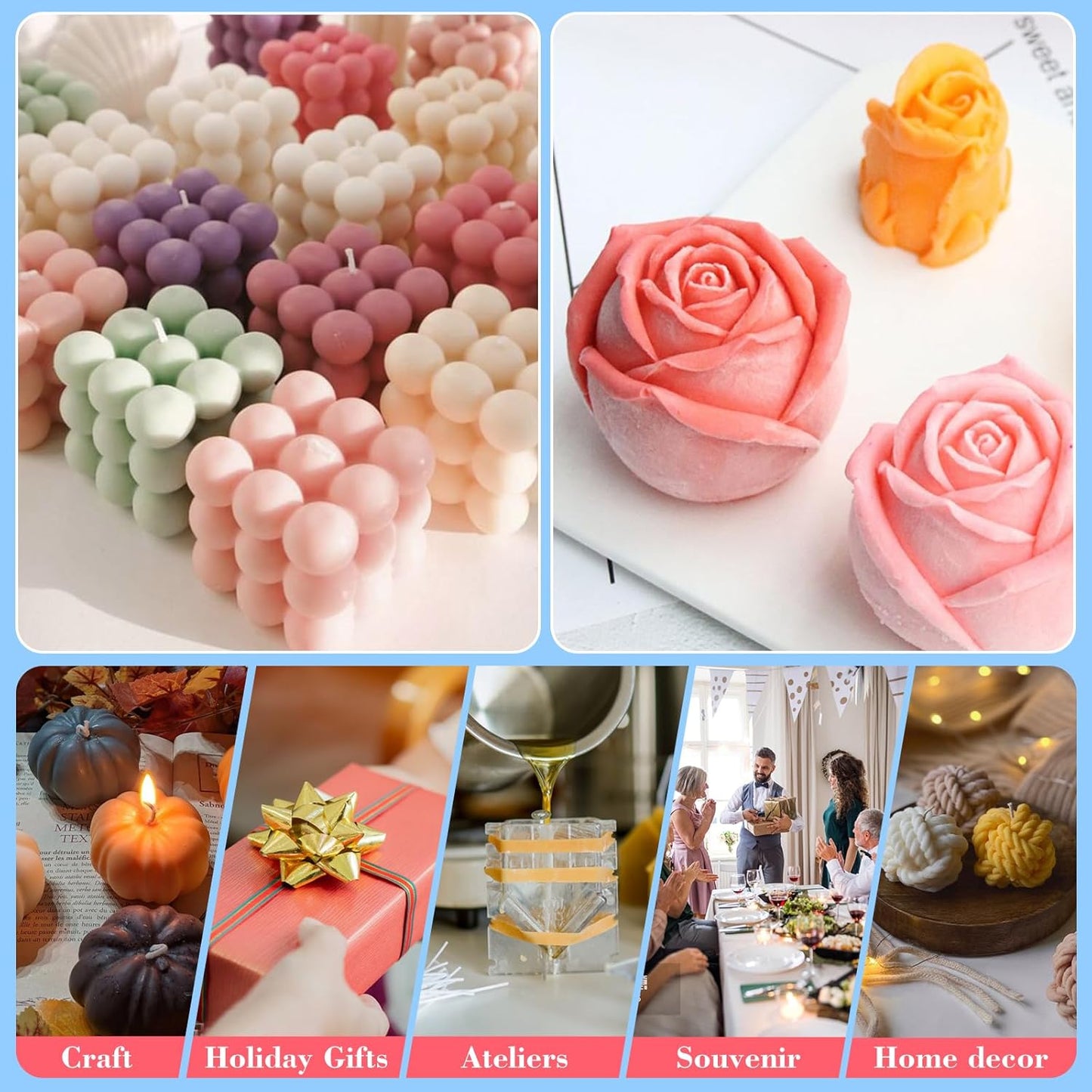 JDH 6Pcs Silicone Candle Molds Set for Candle Making,Yarn Ball Bubble Candle Molds, 3D Rose Silicone Mold,Cake Mold for Baking Desser Soap Casting Home Decor,for Soy Wax, Soap, DIY Scented Candle