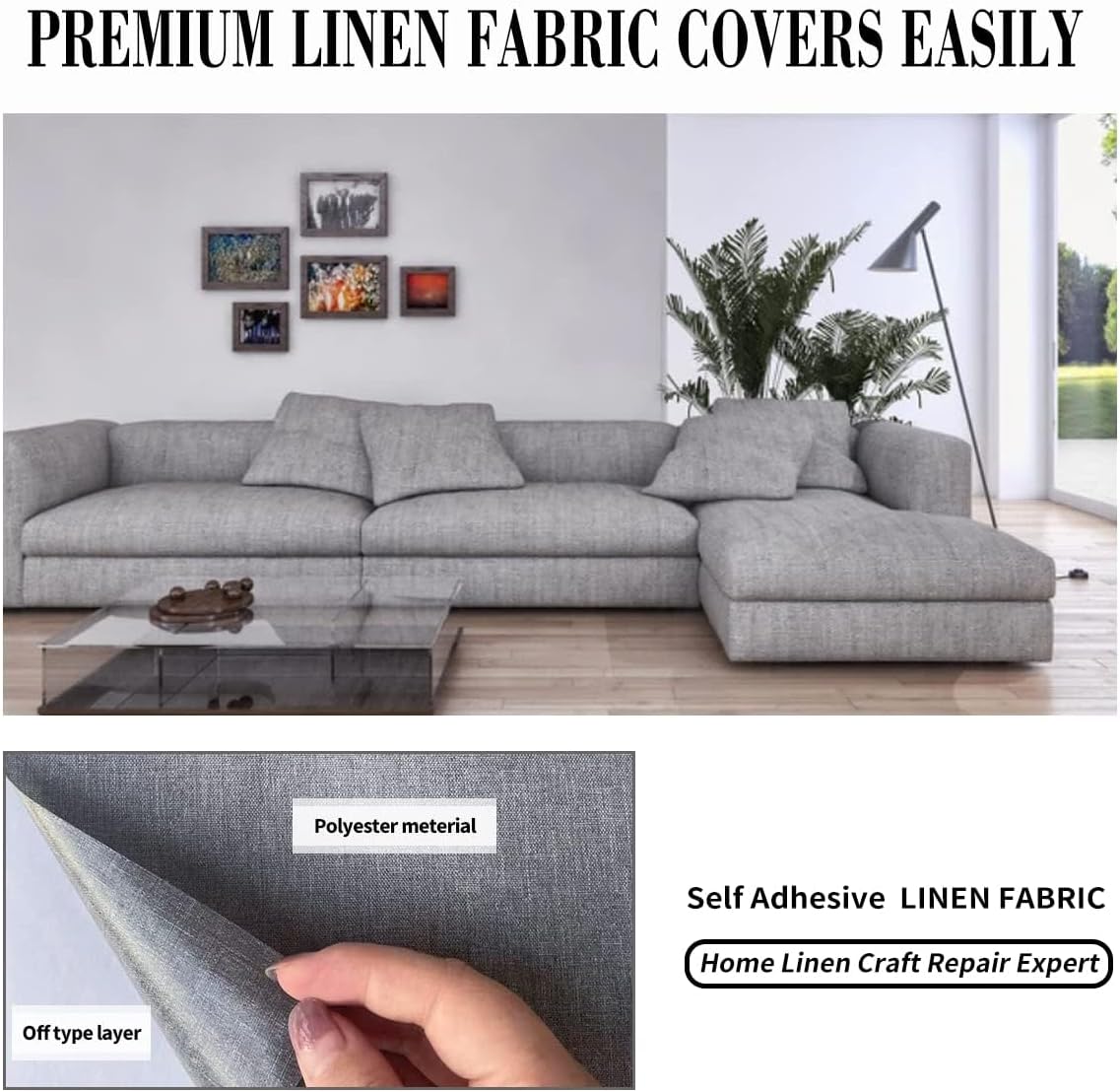 Fabric Repair Patches, Linen Repair Tape Self-Adhesive Fabric Patches Durable, DIY Large Linen Tape for Sofa, Couches, Furniture, Chair, Clothing （3.5X79 Inch, Dark Grey）
