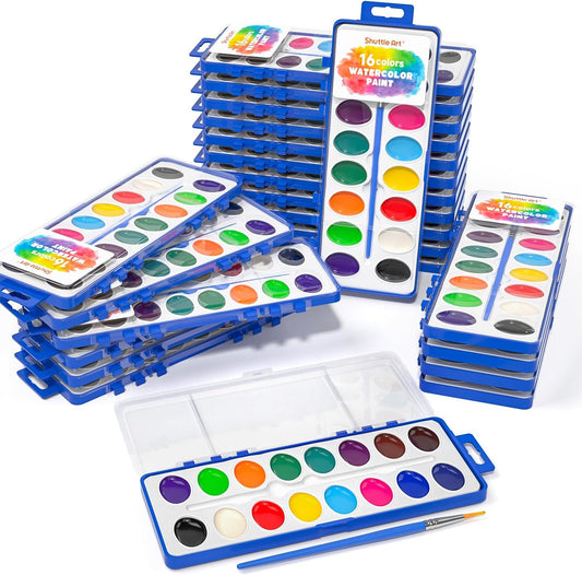 Shuttle Art 16 Colors Watercolor Paint Set Bulk, Pack of 24, Watercolor Paint Set with Paint Brushes for Kids and Adults, Washable Paint for Classroom, Parties, Kindergarten and Art Activities