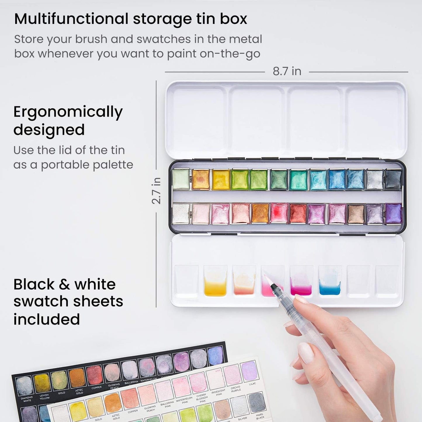 ARTEZA Watercolor Paint Set, 24 Metallic Watercolor Paints, Glitter Watercolor Paint in Half Pans, Travel Watercolor Set