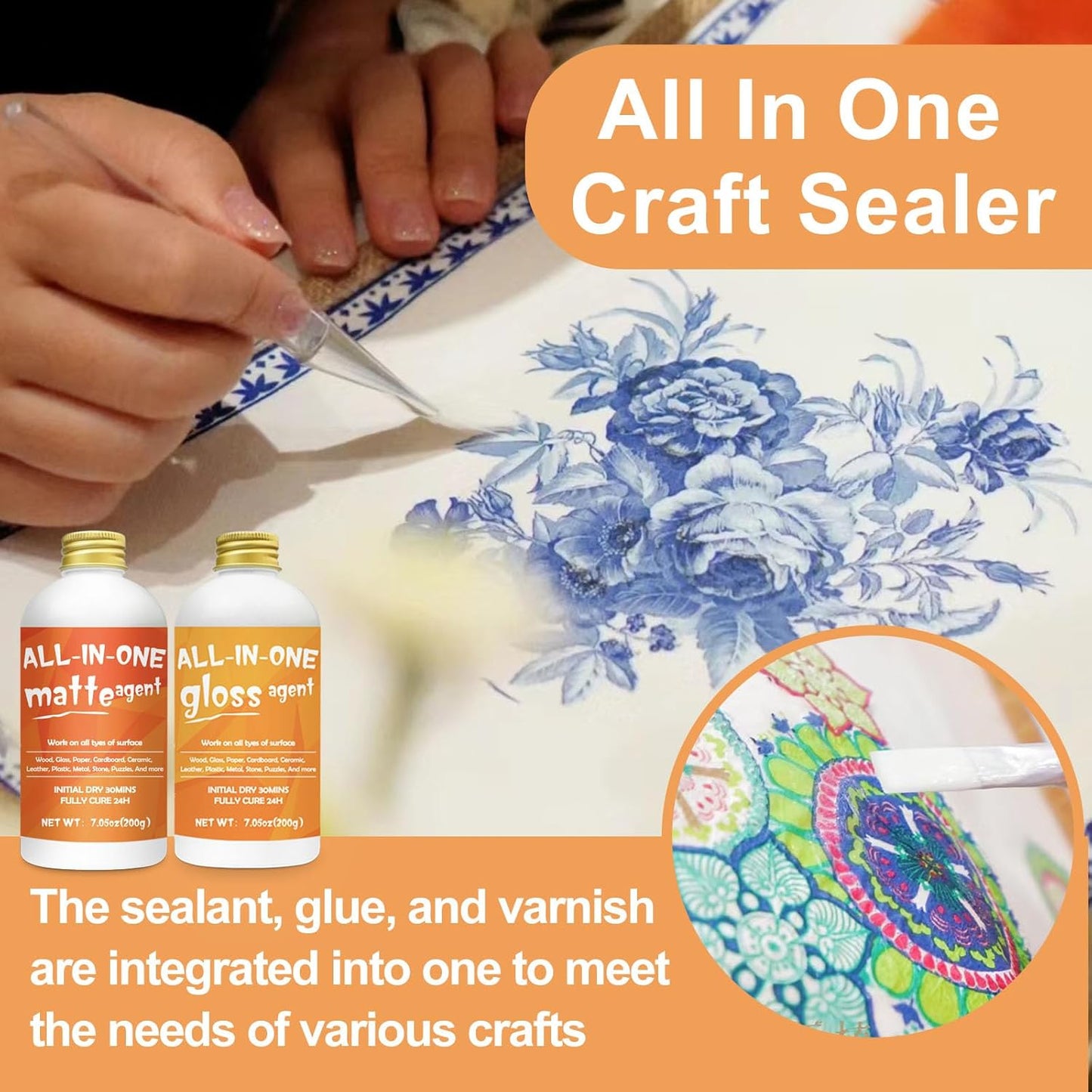 Crafts Sealer Gloss Matte Finish, 200ml+200ml All in One Craft Glue, Varnish, and Finish, All Purpose Art Glue Kit for Wood, Paper, Acrylic Paints, Ceramics, Fabrics, Clay
