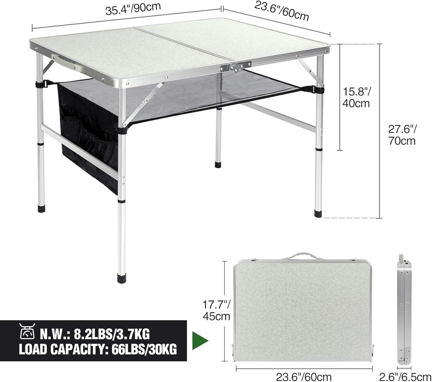 RedSwing Folding Table 3 Feet Adjustable Height, Lightweight and Portable Aluminum Hexagonal Legs Camping Table with Mesh Layer, 36 x 24 x 28 Inches