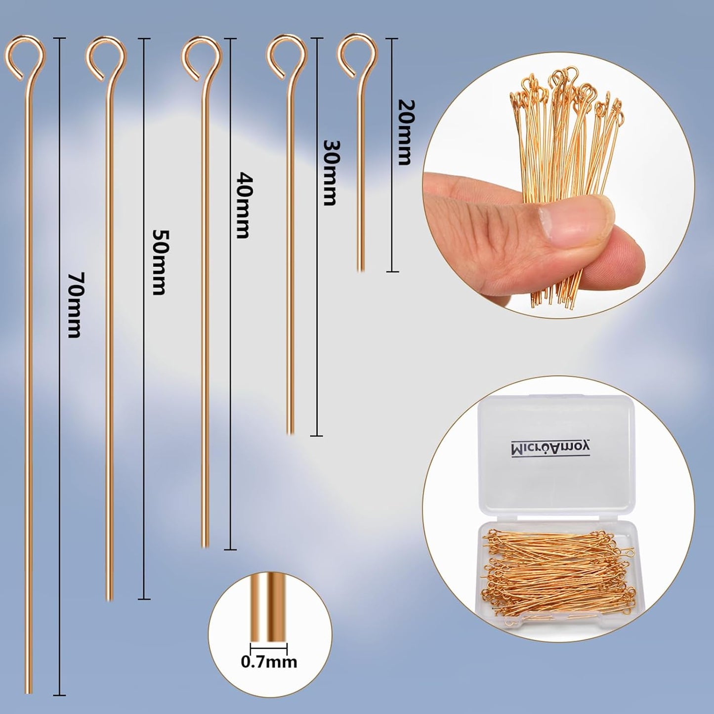 260pcs 18K Gold Filled Eye Pins Non Tarnish Craft Earring Bracelet Jewelry Making Accessories Supplies (20mm (0.78in, Gold-Eye Pin)