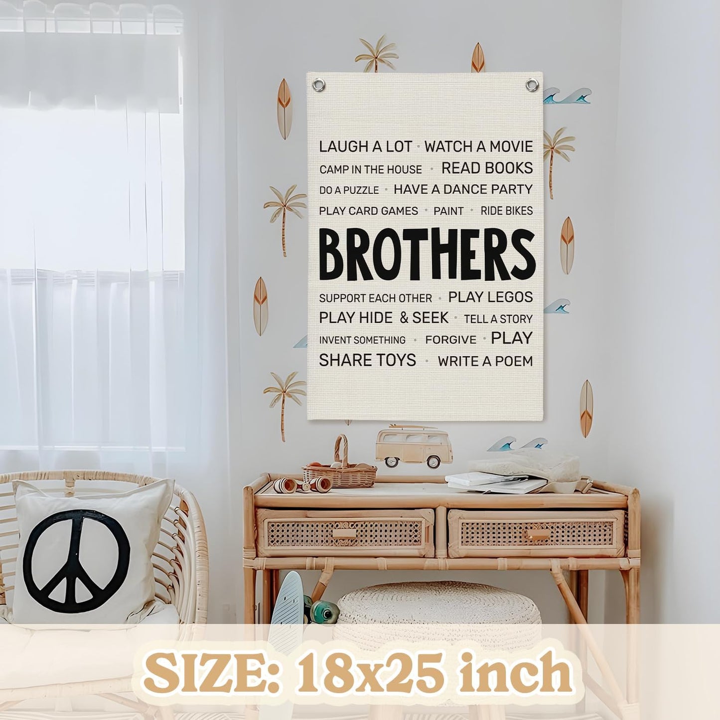 Boys Room Decor,Brothers Make The Best Friends Toddler Room Banner,Playroom Linen Canvas Wall Hanging Flag Decor for Nursery,Playroom,Bedroom,Living Room 18x25 Inch