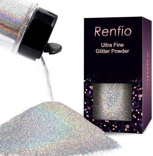 Renfio Holographic Ultra Fine Metallic Resin Glitter 2.11 Oz (60g) PET Flakes Crafts Sequins 1/128" 0.008" 0.2mm Epoxy Chips Flakes Rainbow Glitter for Tumblers Slime - Laser Silver