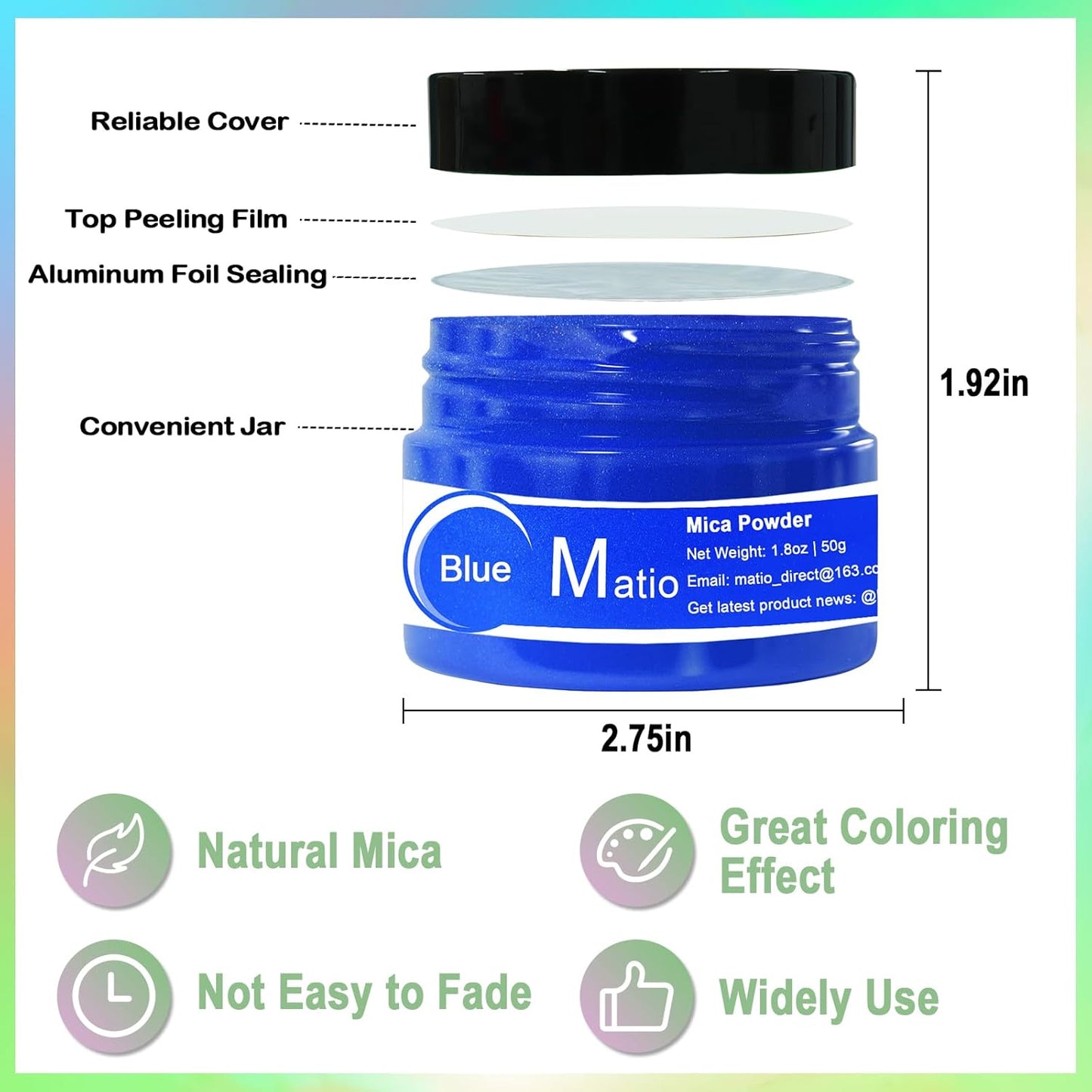 Matio Cerulean Blue Mica Powder for Epoxy Resin, 1.8oz/ 50g Pearlescent Effect Mica Powder Natural Color Pigment for Soap Making, Bath Bomb,Candle Dye,Resin Craft,Paint,Nails Art,Jewelry,Slime Pigment