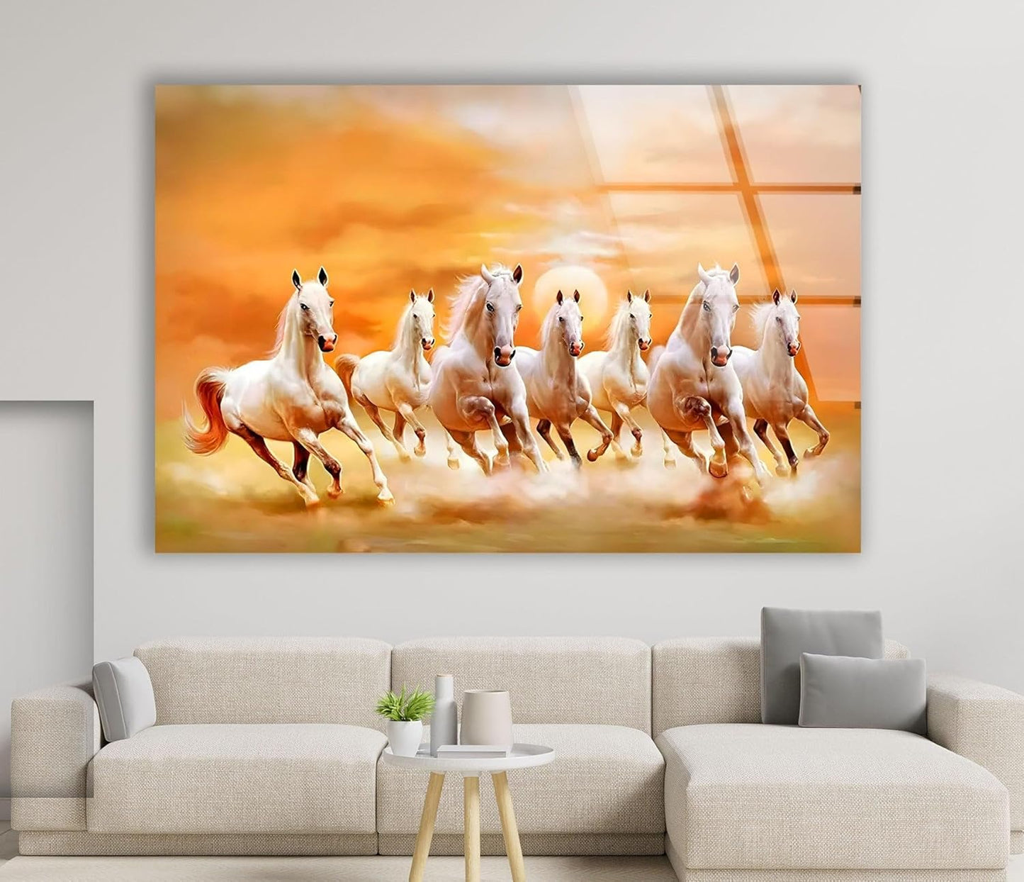 My Photostation.com 30Wx24H'' White Horses Running on Sunset Glass Wall ArtTempered Glass Printing Wall Decor Large Wall Art Wall Hangings