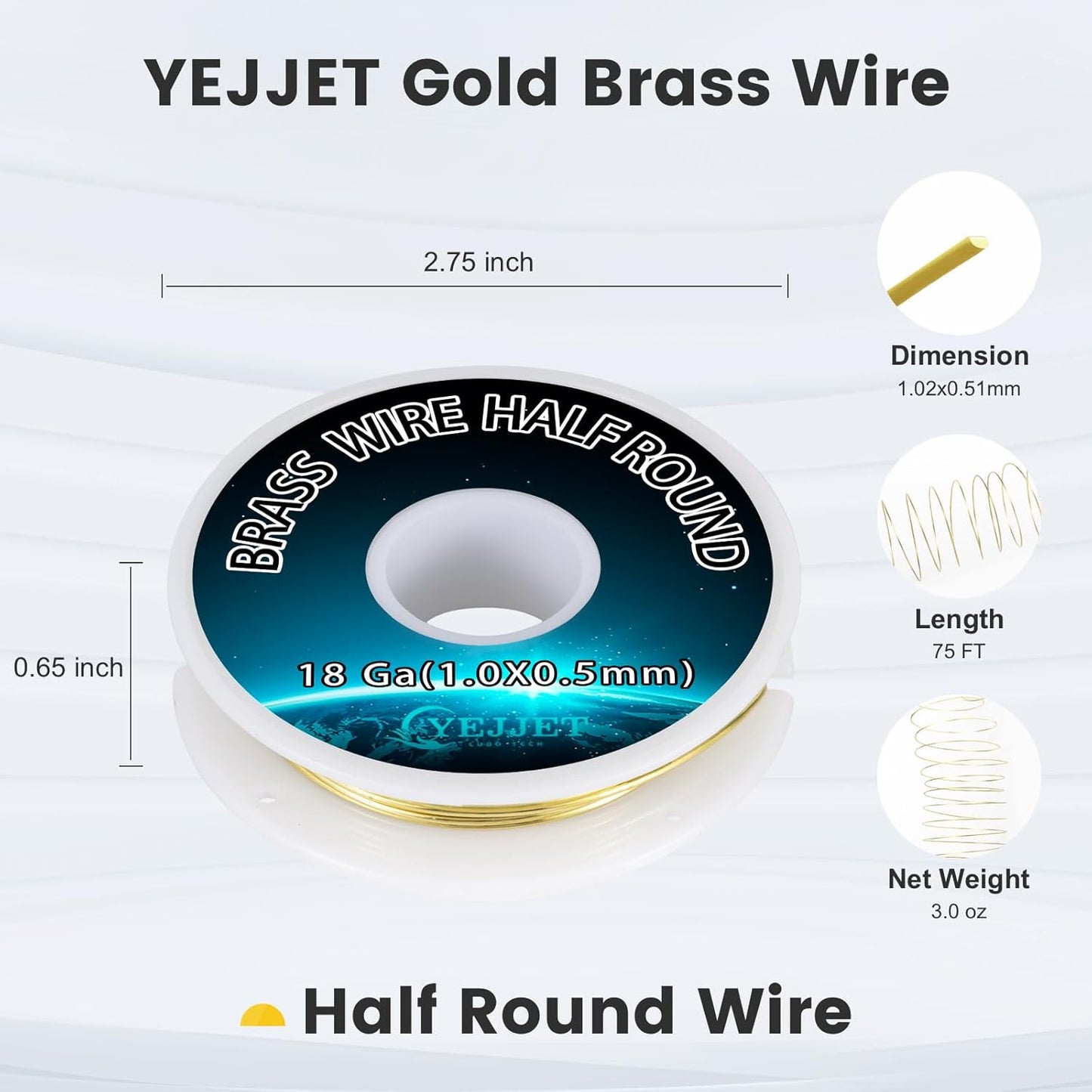 18 Gauge Brass Wire Half Round 1.02x0.51mm - 3.0 oz 75 Feet Jewelry Making, DIY Craft Metal Wire
