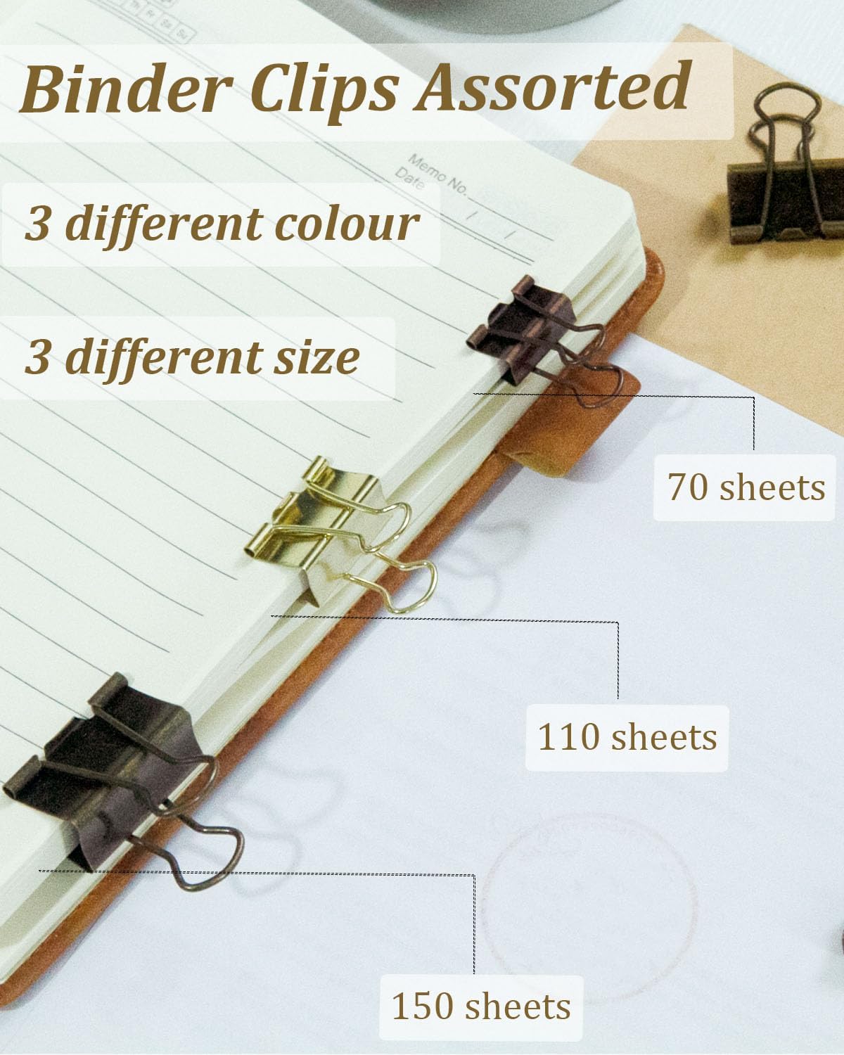 Assorted Binder Clips 0.75/1/1.25in 25-Pack -Gold Tone Clips for Office & Home