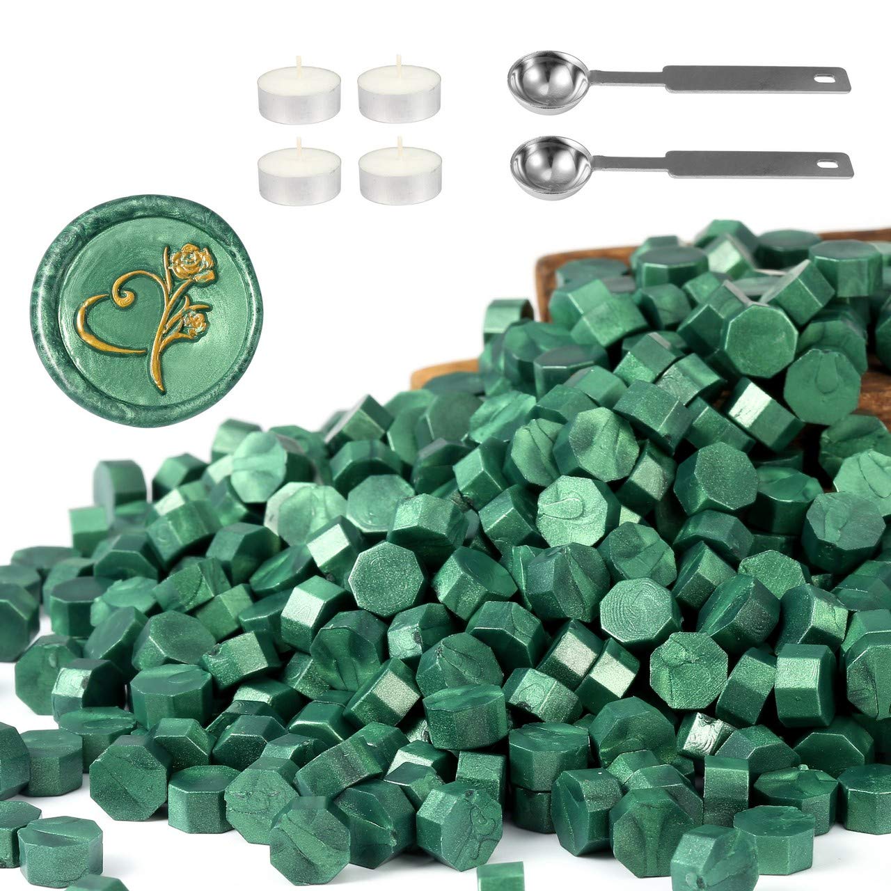 Yoption 360Pcs Metallic Green Sealing Wax Beads, Hexagon Wax Seal Beads with 4Pcs Tea Candles and 2 Melting Spoons for Wedding Invitations, Wine Packaging, Gift Wrap, Envelopes