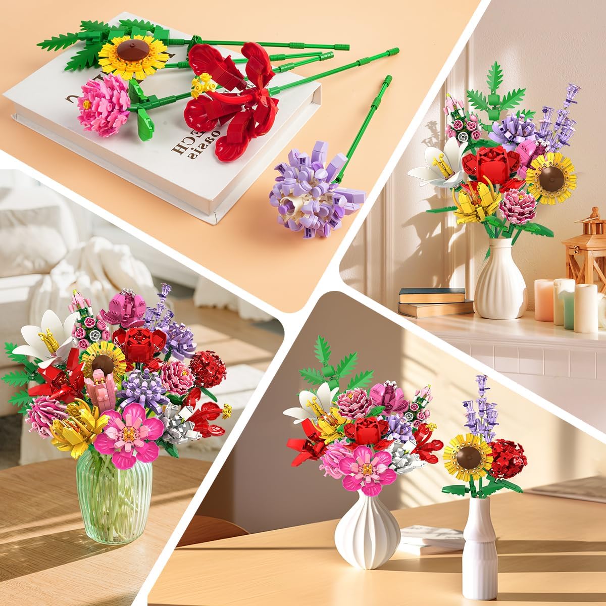 Flower Bouquet Building Set, 1464 PCS Botanical Collection Building Block Toy, 18 Flowers Rose Sunflower Home Plant Decor, Birthday Gifts for Adults Women Boys Girls 8-12+