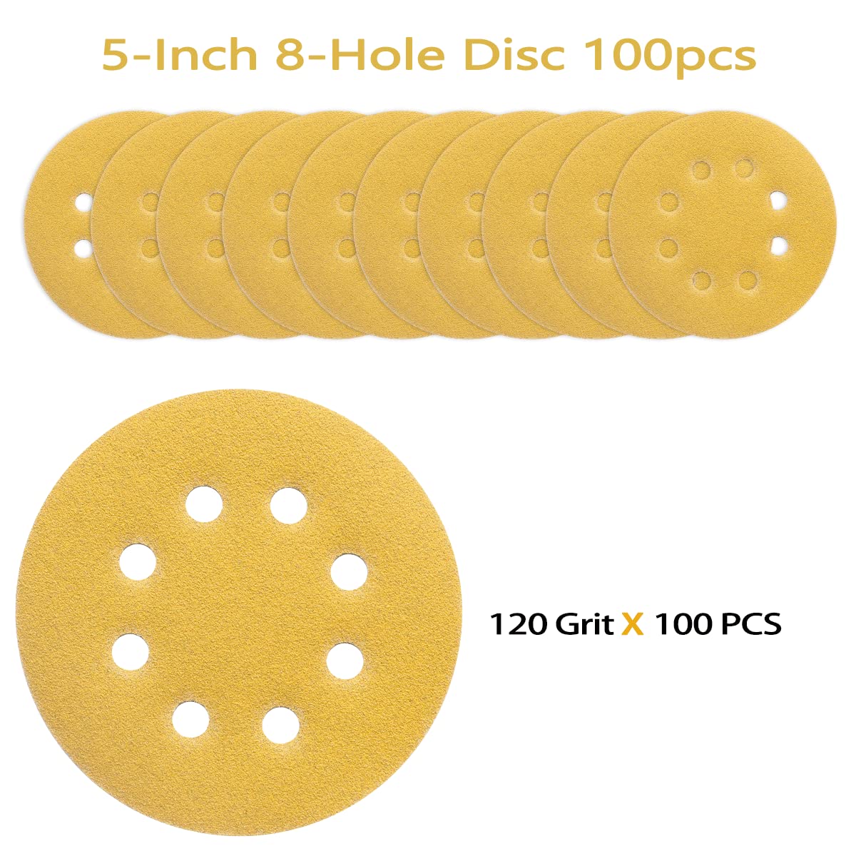 100PCS 5 Inch 8 Hole Sanding Discs 120 Grit,Gold Round Hook and Loop Sandpaper for Random Orbital Sander