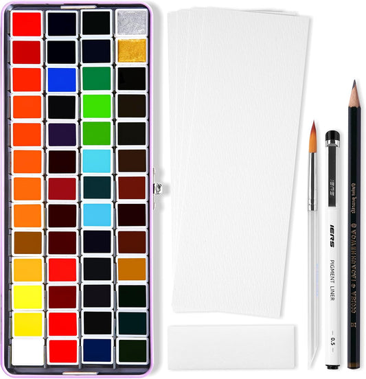 MeiLiang Watercolor Paint Set 52 Colors in Half Pans with Drawing Pencil, Paint Brushes, 5 Watercolor Paper, Sponge, Black Drawing Pens, Art Supplies for Adults Travel Watercolor & Purple Box