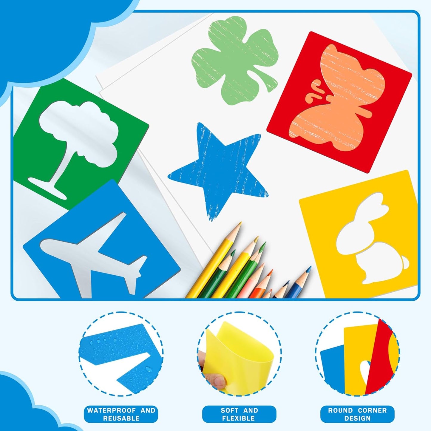 24 Pieces Stencils for Kids,Large Drawing Stencils Chalk Template,8 Inches Washable Shape Template Kit for Crafts,Painting Drawing for Kids Toddlers Preschool(Ocean, 8 inch)