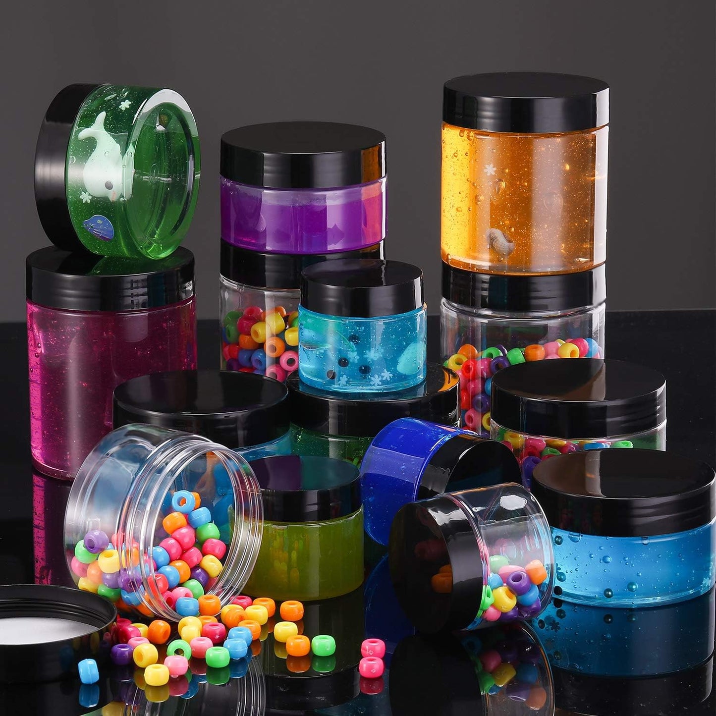 SATINIOR 12 Pack 2 oz Plastic Container Jars with Lids Round Clear Travel Cosmetic Container Slime Jars for Toiletries, Lotion, Cream, Ointments, Makeup, Rhinestone, Samples, Kitchen Storage(Black)