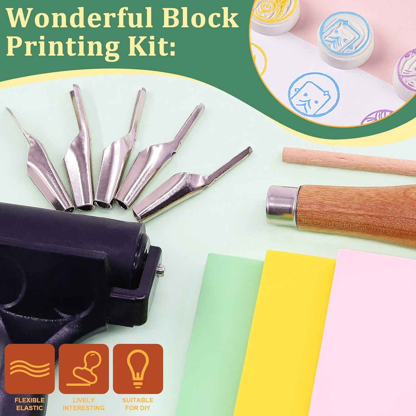 Keadic 12Pcs Soft Rubber Carving Blocks Kit, Comes with Linoleum Cutter Tools & 2 Inches Rubber Roller Brayer Rollers Glue Roller for Ink Paint Block Stamping, Printmaking Wallpaper and Arts & Crafts