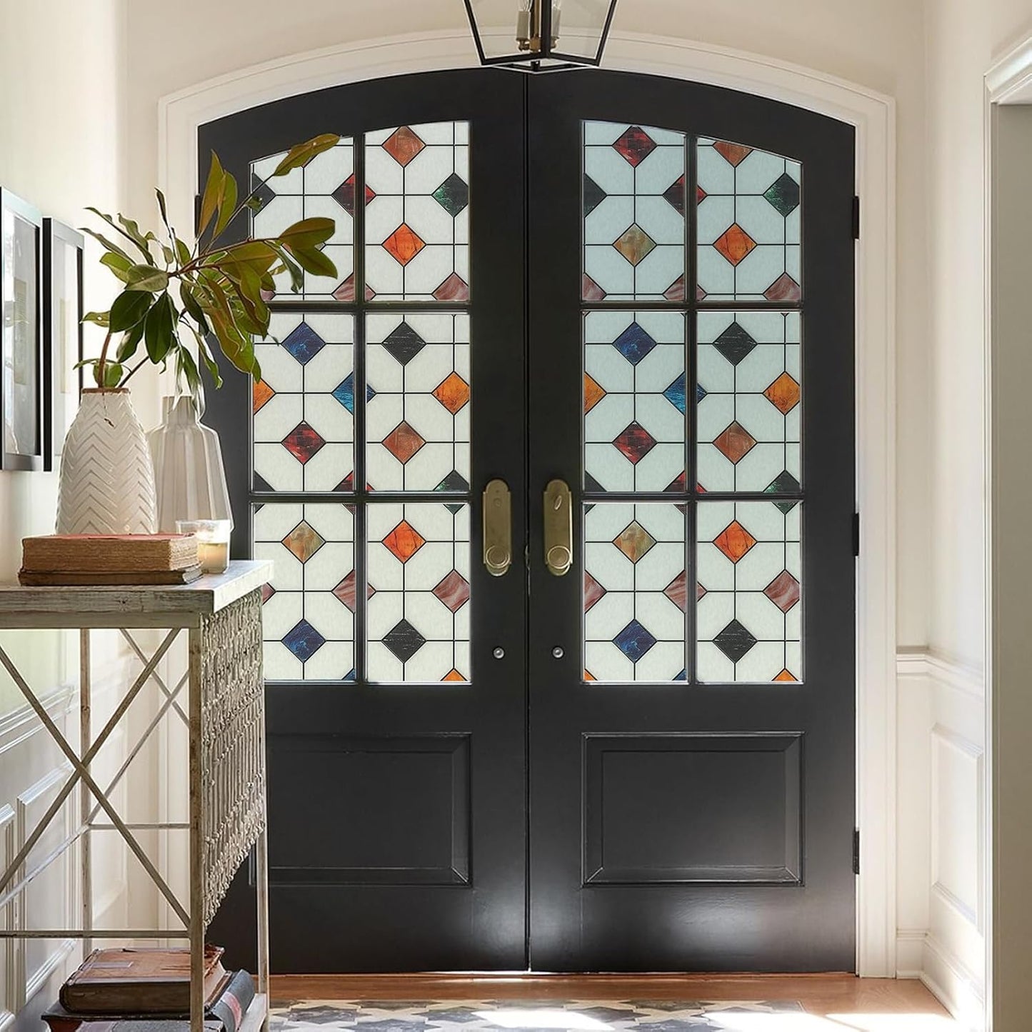 DKTIE Stained Glass Window Film Geometric Patterns, Fine Frosted Window Clings for Glass Windows, Waterproof for Bathroom Window Privacy Film Day and Night (S533, 35.4in X 78.7in)