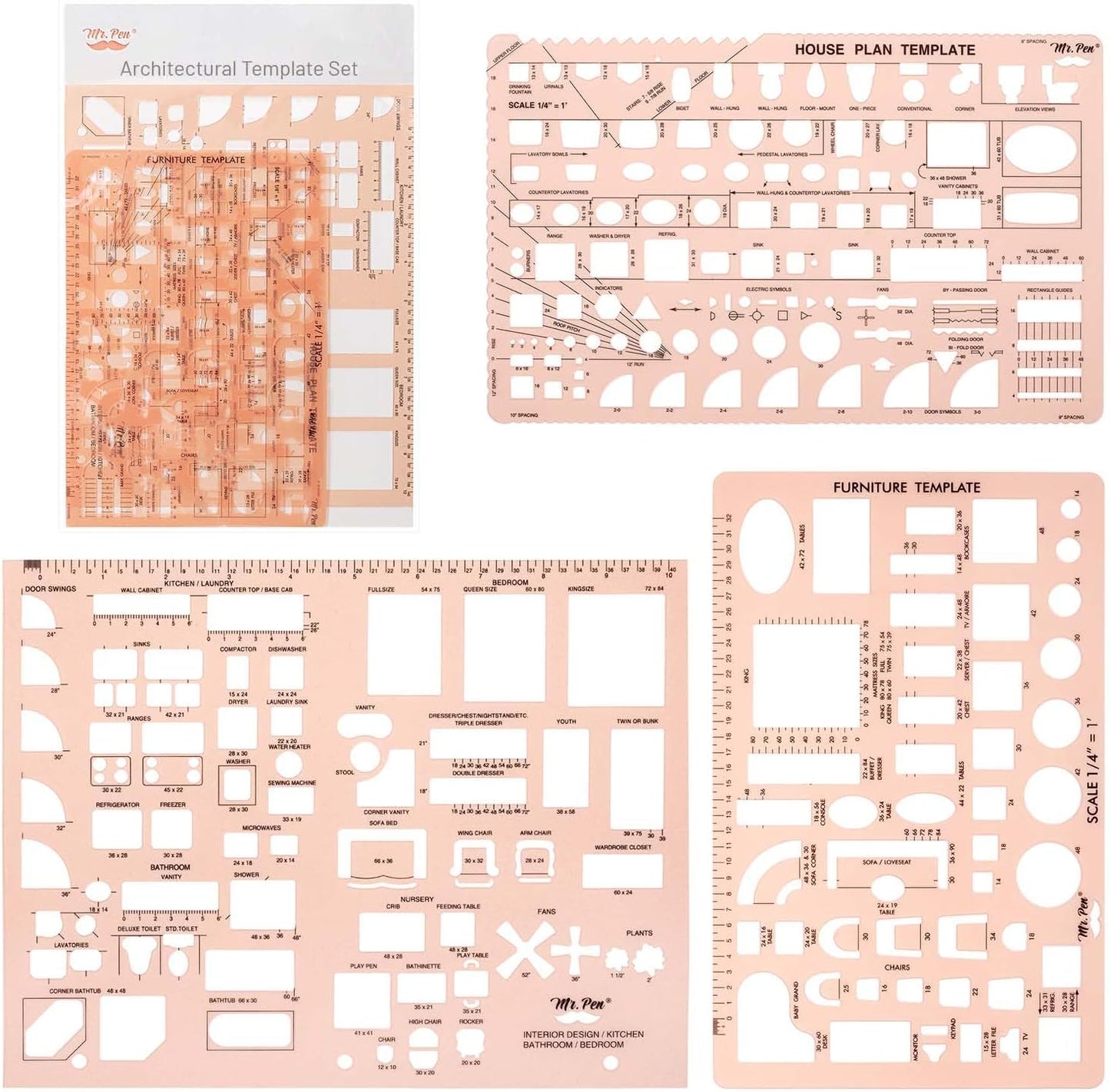 Mr. Pen- House Plan, Interior Design and Furniture Templates, Drafting Tools and Ruler Shapes for Architecture - Set of 3