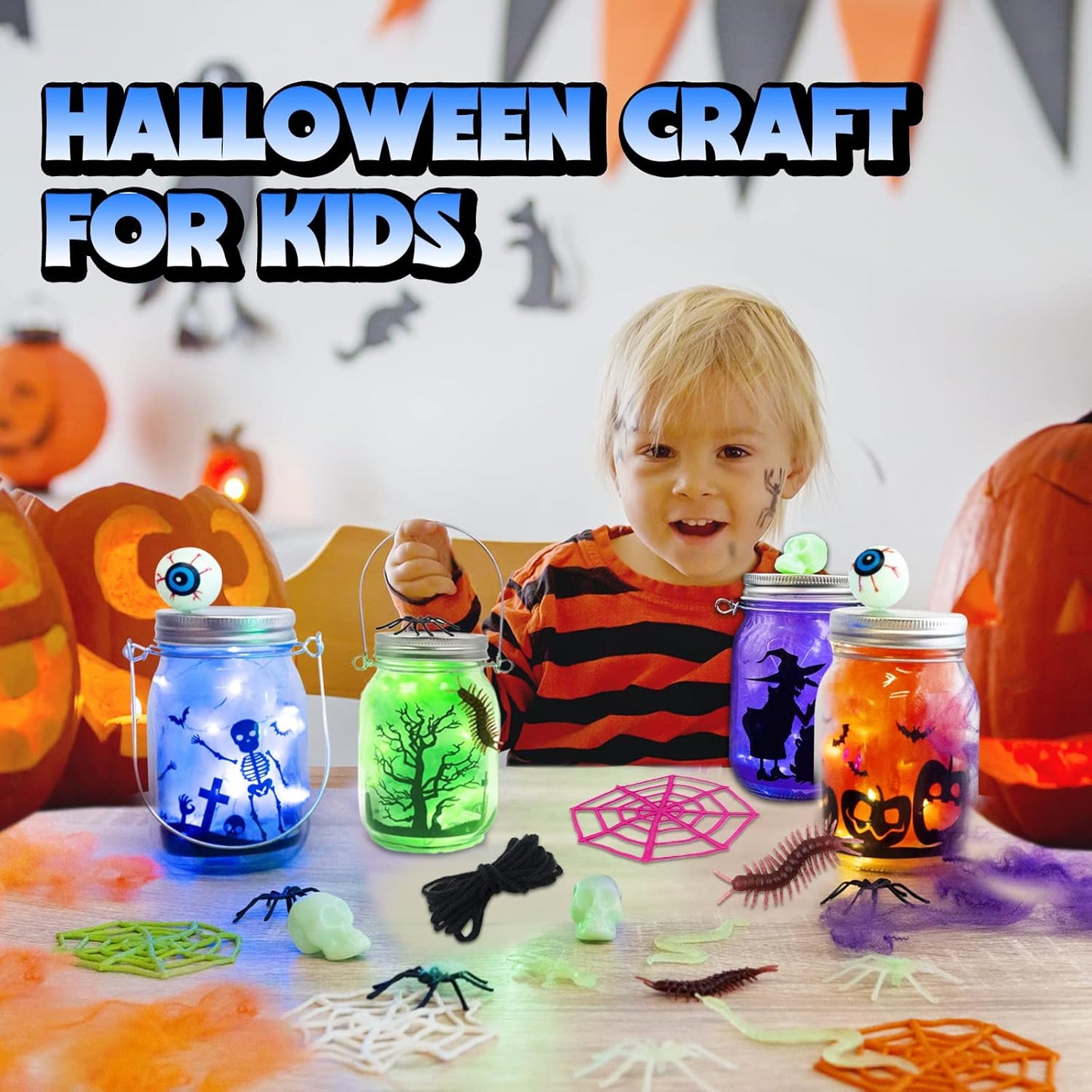 Shemira Halloween Craft Kit for Kids, 4 pcs Glass Mason Jar with Accessories for DIY Lantern Jar, Halloween Art & Craft Party Supplies, Art Activities