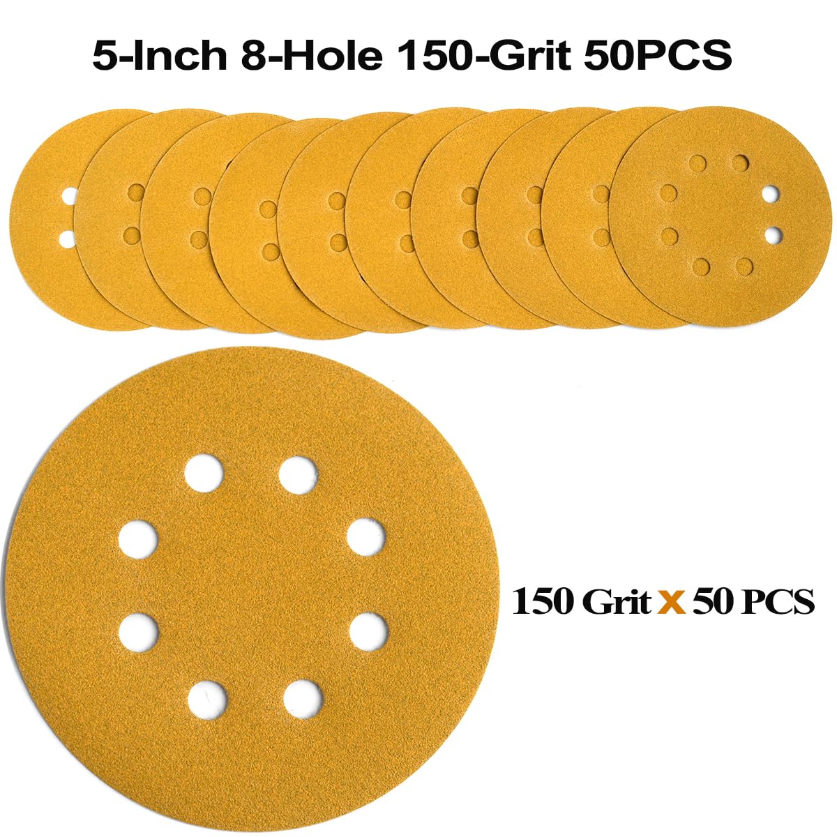 5-Inch 8-Hole Hook and Loop Sanding Discs 150-Grit Random Orbit Sandpaper, 50-Pack