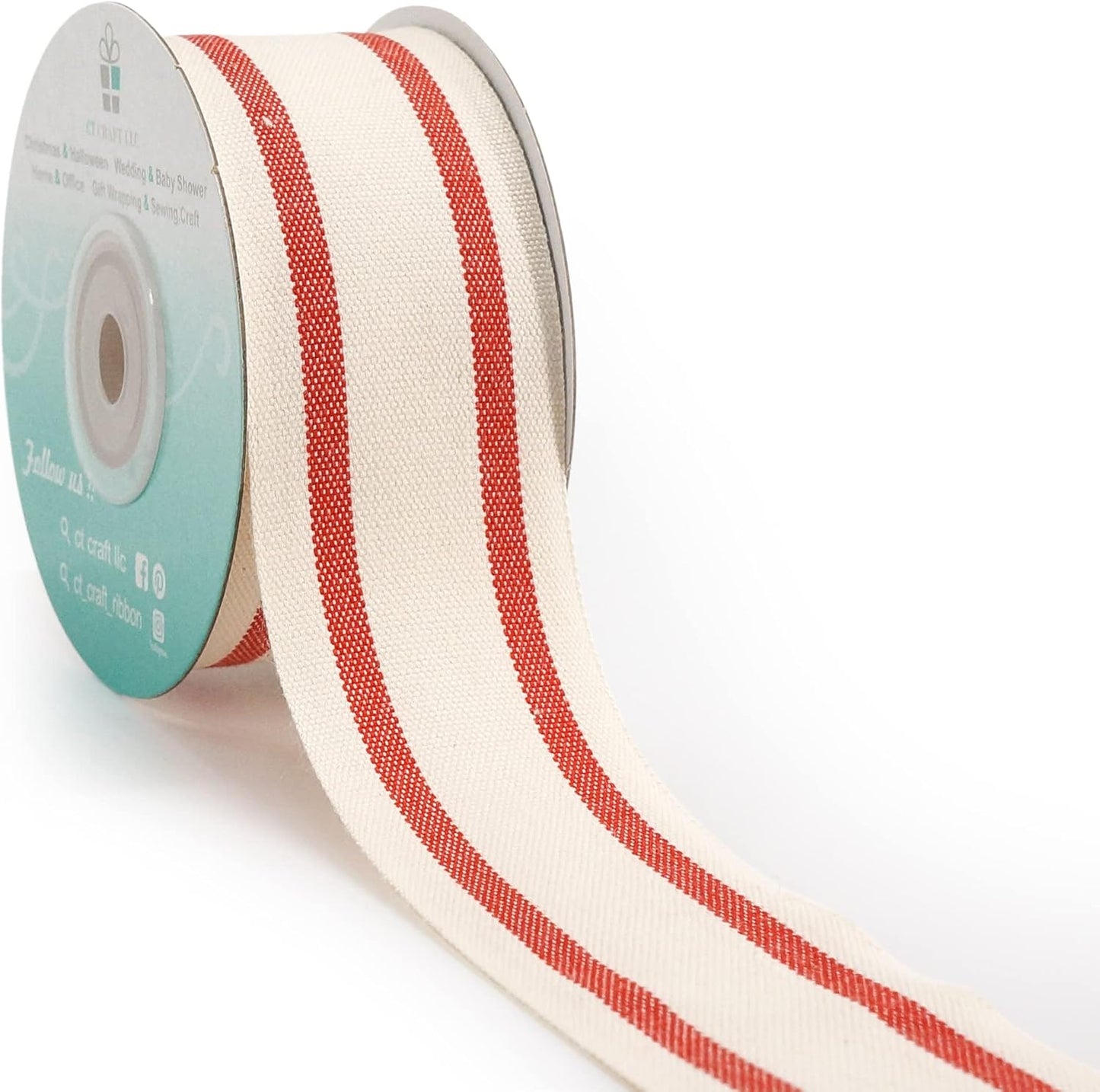 CT CRAFT LLC Ivory Cotton Red Stripes Ribbon 1.5" x 10 Yards for Home Décor Gift Present Wrapping DIY Crafts Birthday Wedding Bouquet Christmas