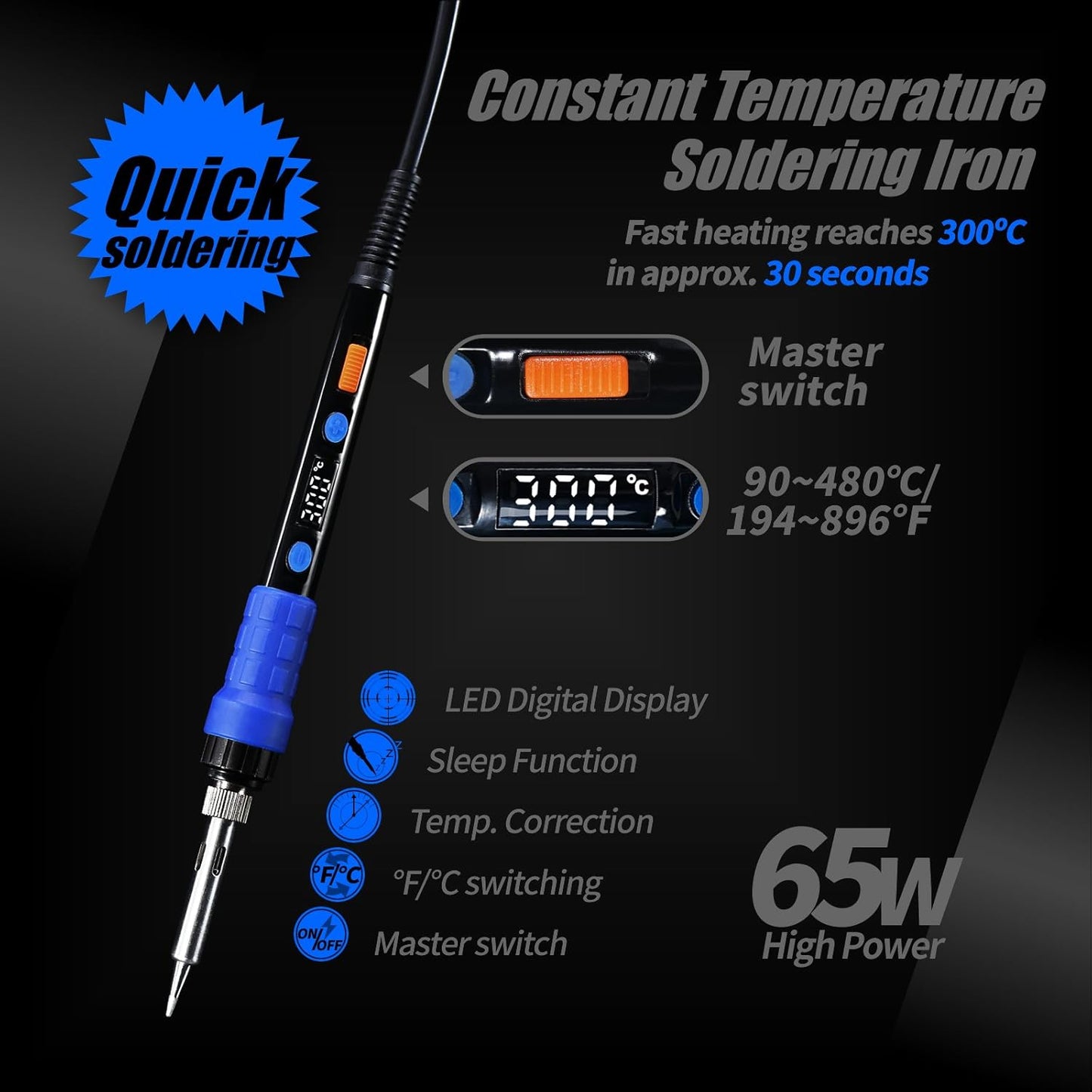 YIHUA 928D Soldering Iron Kit, 65W Soldering Iron, Fully Digital, Display °F/°C, Temperature Control, Accuracy 194~896℉- Soldering Kit with Sleep Function, Temp. Correction Function, Holder &more.