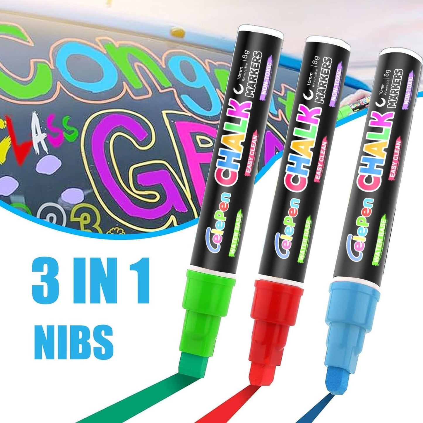 Window Chalk Markers for Cars Glass Washable, 10 Colors Jumbo Liquid Chalk Marker Pens with 10mm 3 in 1 Nib Wide Tips, Big Chalkboard Markers Car Window Paint Pens for Auto, Bistro, Mirror, Poster