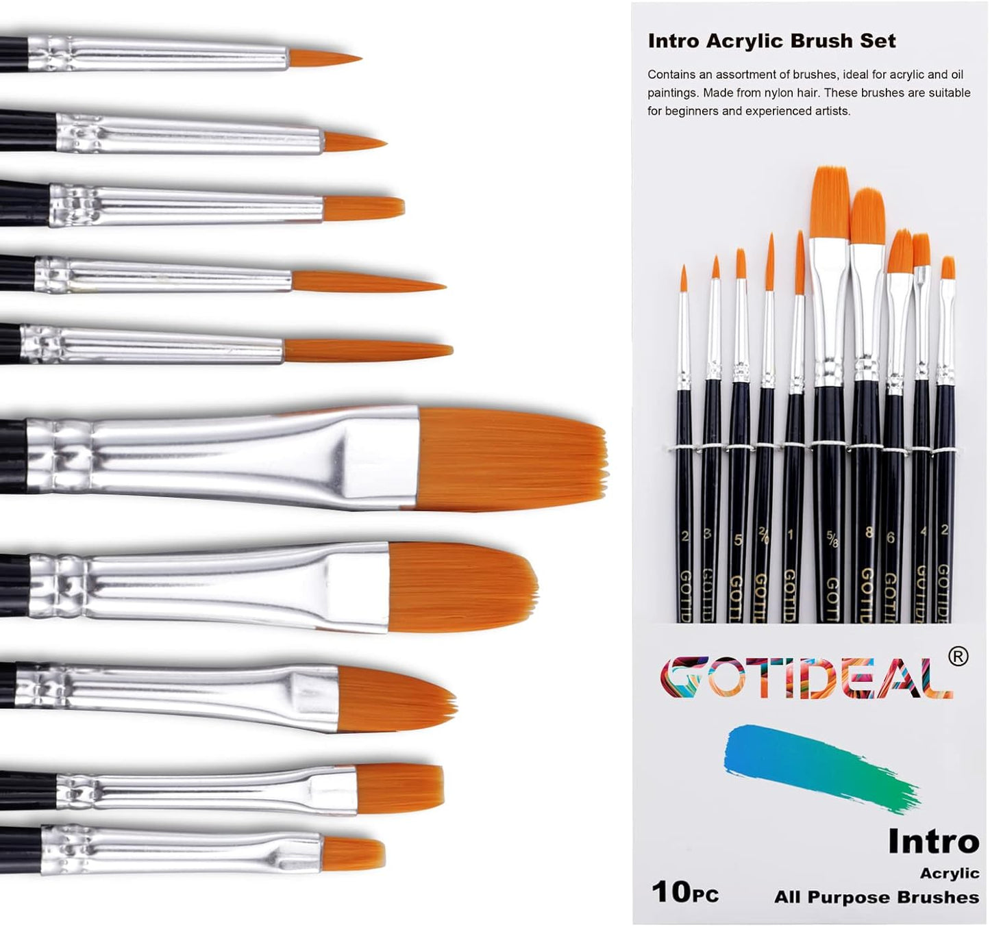 GOTIDEAL Paint Brush Set, 10 Pcs Round Pointed Tip, Small Nylon Hair Brushes for Acrylic, Oil and Gouache，Body, Face Nail Art and Rock Painting, Perfect for Kids & Adult