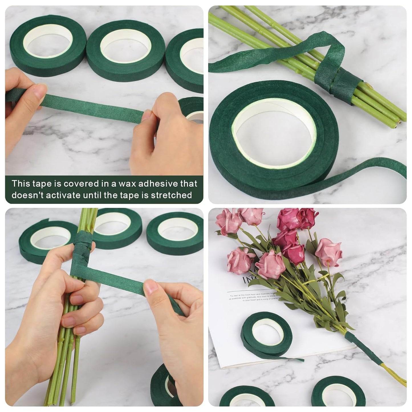 6 Roll Floral Tape 1/2inch Flower Tape Dark Green, Floral Tapes for Bouquet Stem Wrapping and Floral Crafts, Wedding Bouquet
