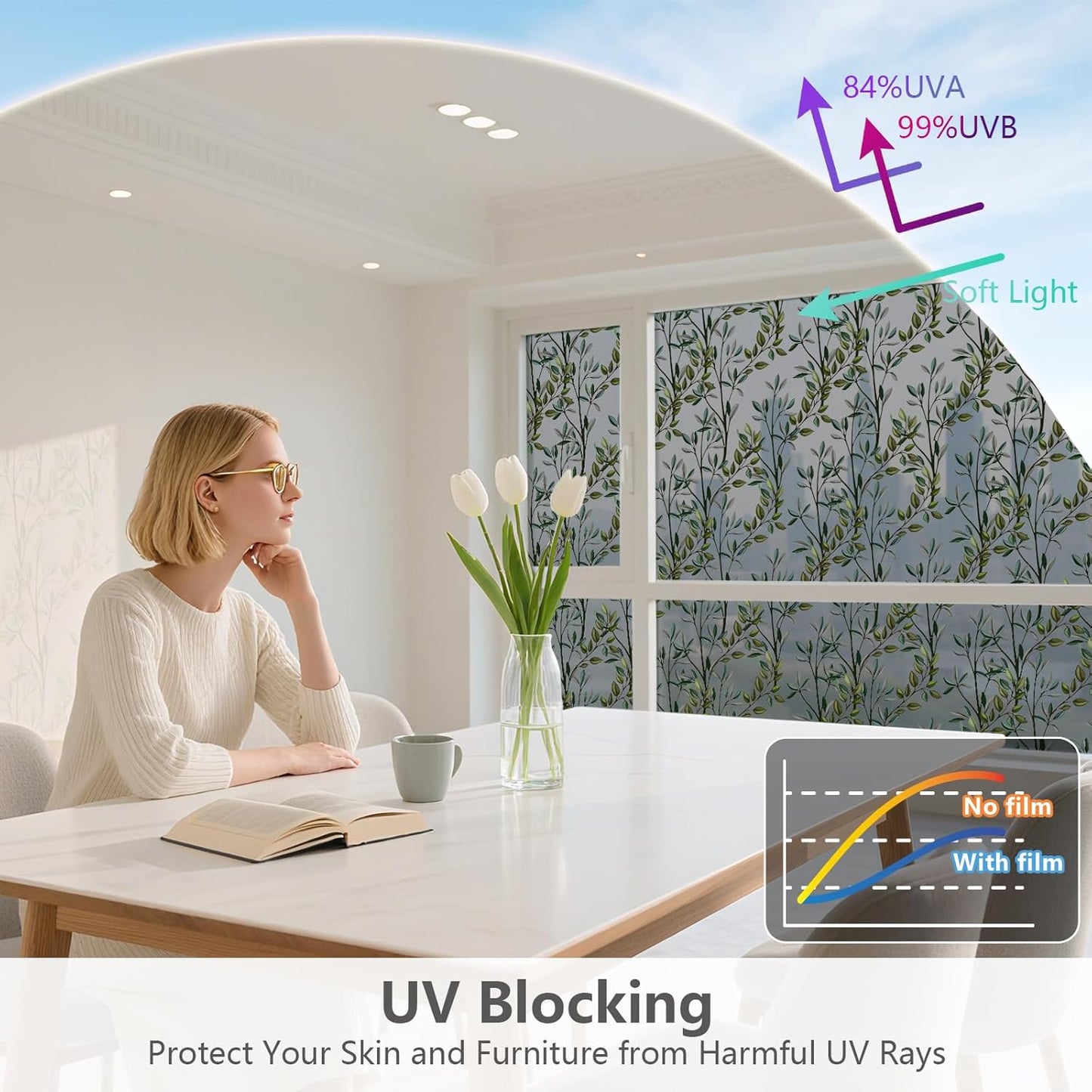 NINETREX One Way Window Privacy Film, Daytime Privacy Static Cling Sun Blocking Anti UV Reflective Window Tint for Home and Office 17.5 x 78.7 inches, Black Silver Leaf