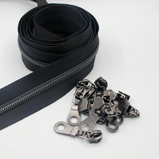 Leekayer #5 Black Nickel Metallic Nylon Coil Teeth Zippers by The Yard Bulk 10 Yards Zipper Tape with 25pcs Black Nickel Sliders for DIY Sewing Tailor Craft Bag(Black)