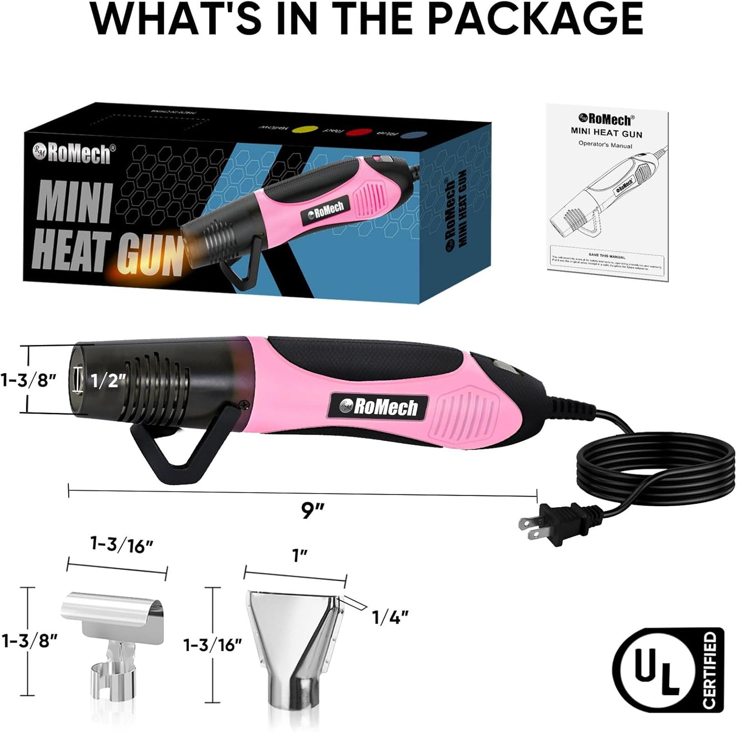 ROMECH 350W Heat Gun with 2 Nozzles, Dual Temp Heat Gun 400°F-660°F, Fast Heat Hot Air Gun with Overload Protection for DIY Craft Embossing Shrink Wrapping (Pink)